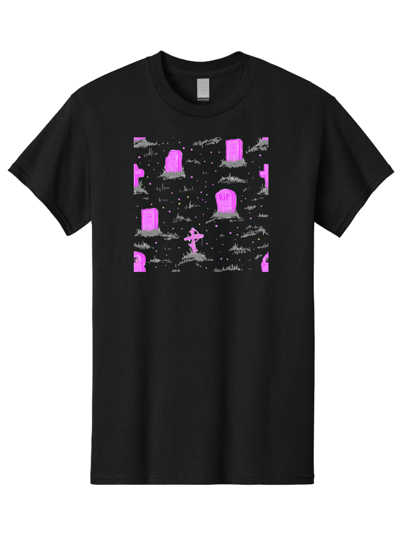 Rip-Graveyard Men'S Graphic Tee, 100% Cotton, Comfortable Casual Summer Wear, Machine Washable, Graveyard Scene, Pink Tombstones, Rip Inscription, Graveyard Crosses, Kawaii Style, Halloween Theme, Cartoonish Illustration, Pastel Colors, Aac419