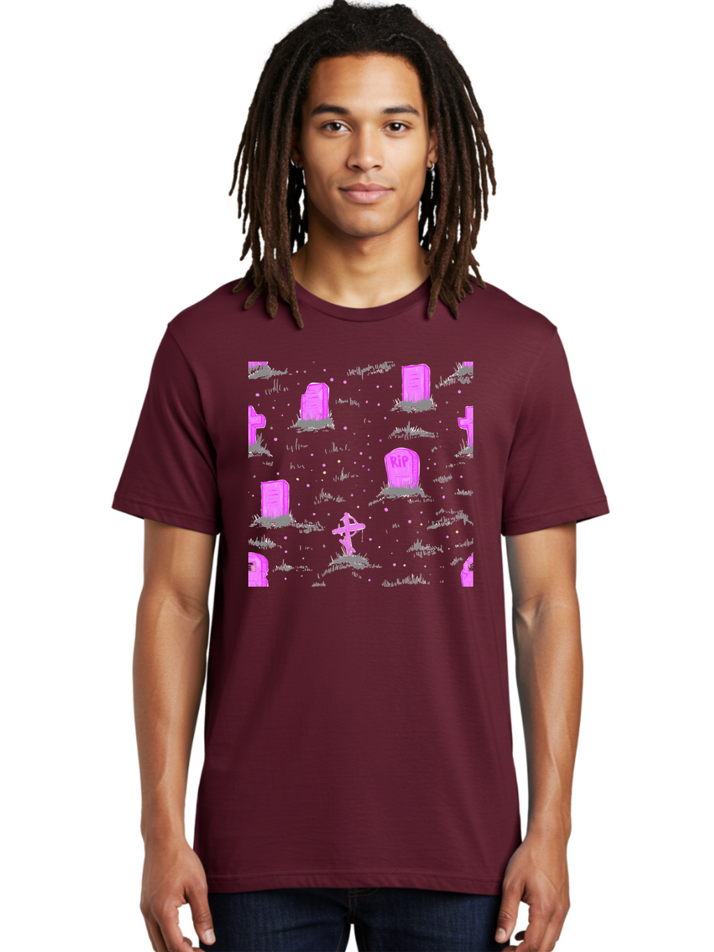 Rip-Graveyard Men'S Graphic Tee, 100% Cotton, Comfortable Casual Summer Wear, Machine Washable, Graveyard Scene, Pink Tombstones, Rip Inscription, Graveyard Crosses, Kawaii Style, Halloween Theme, Cartoonish Illustration, Pastel Colors, Aac419