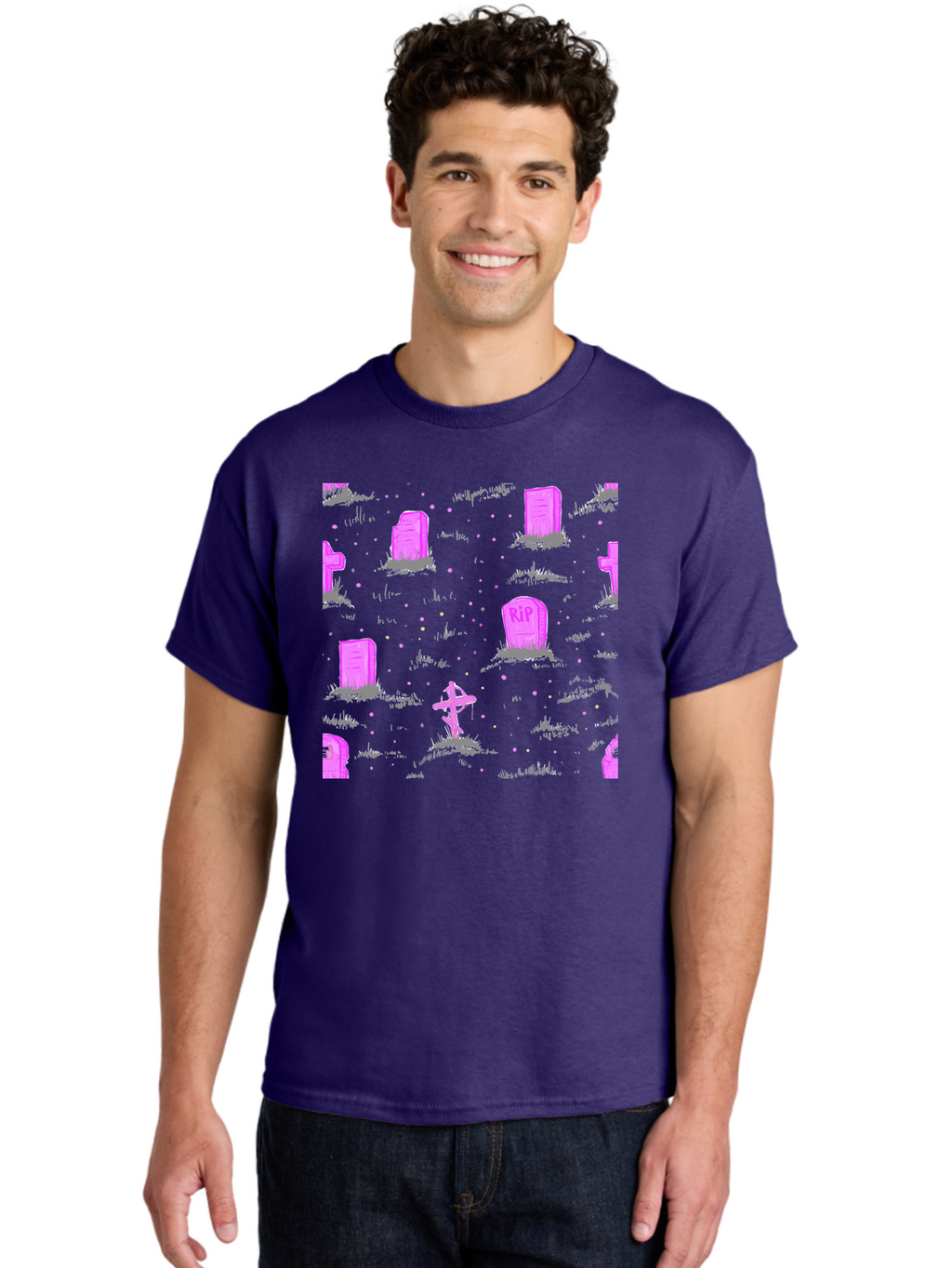 Rip-Graveyard Men'S Graphic Tee, 100% Cotton, Comfortable Casual Summer Wear, Machine Washable, Graveyard Scene, Pink Tombstones, Rip Inscription, Graveyard Crosses, Kawaii Style, Halloween Theme, Cartoonish Illustration, Pastel Colors, Aac419