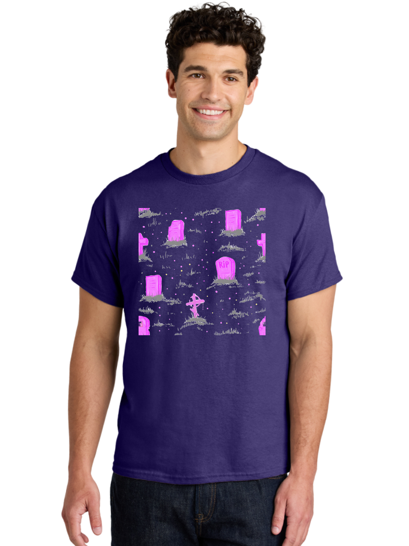 Rip-Graveyard Men'S Graphic Tee, 100% Cotton, Comfortable Casual Summer Wear, Machine Washable, Graveyard Scene, Pink Tombstones, Rip Inscription, Graveyard Crosses, Kawaii Style, Halloween Theme, Cartoonish Illustration, Pastel Colors, Aac419
