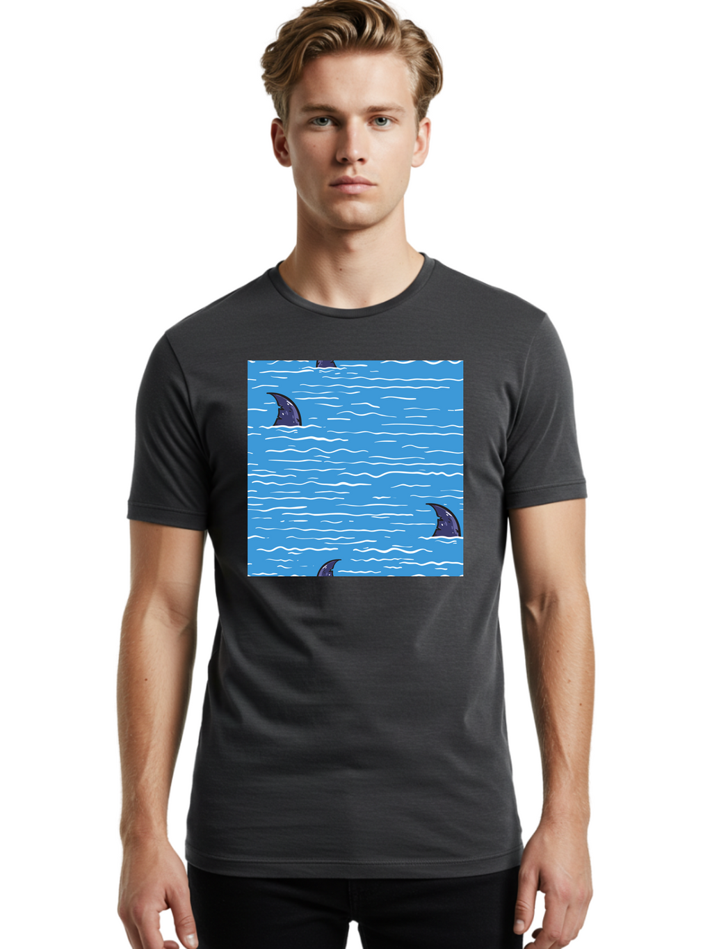 Shark-Fins Men'S Graphic Tee, 100% Cotton, Comfortable Casual Summer Wear, Machine Washable, Shark Fins In Water, Ocean Fins, Shark Attack, Marine Life, Blue Ocean, Wavy Sea, Shark Danger, Aquatic Scene Aac420