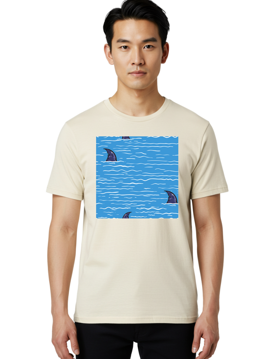 Shark-Fins Men'S Graphic Tee, 100% Cotton, Comfortable Casual Summer Wear, Machine Washable, Shark Fins In Water, Ocean Fins, Shark Attack, Marine Life, Blue Ocean, Wavy Sea, Shark Danger, Aquatic Scene Aac420