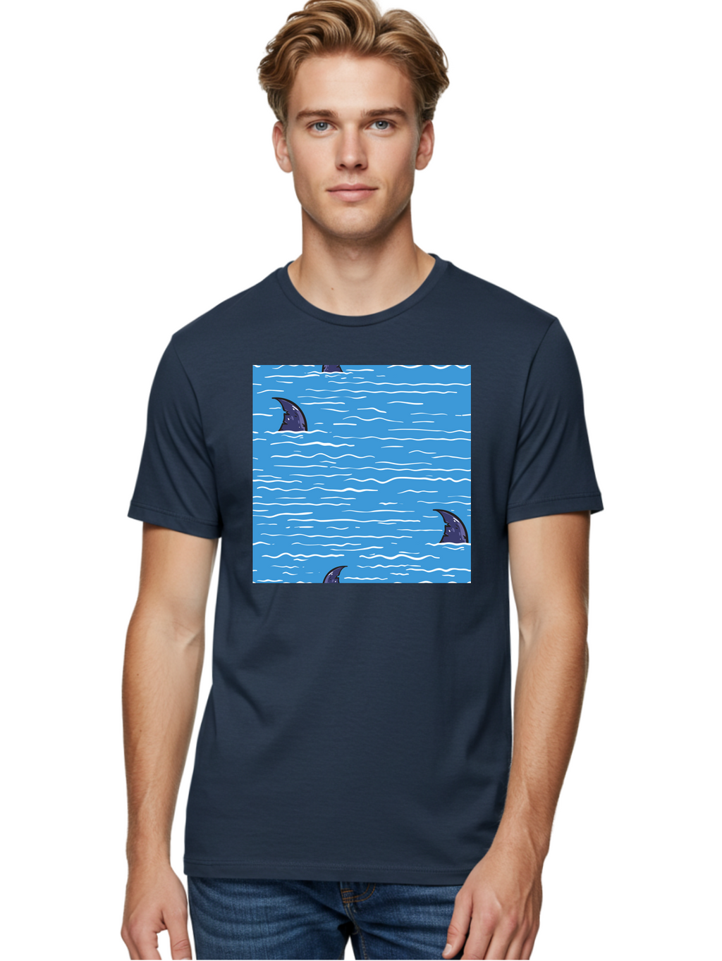 Shark-Fins Men'S Graphic Tee, 100% Cotton, Comfortable Casual Summer Wear, Machine Washable, Shark Fins In Water, Ocean Fins, Shark Attack, Marine Life, Blue Ocean, Wavy Sea, Shark Danger, Aquatic Scene Aac420