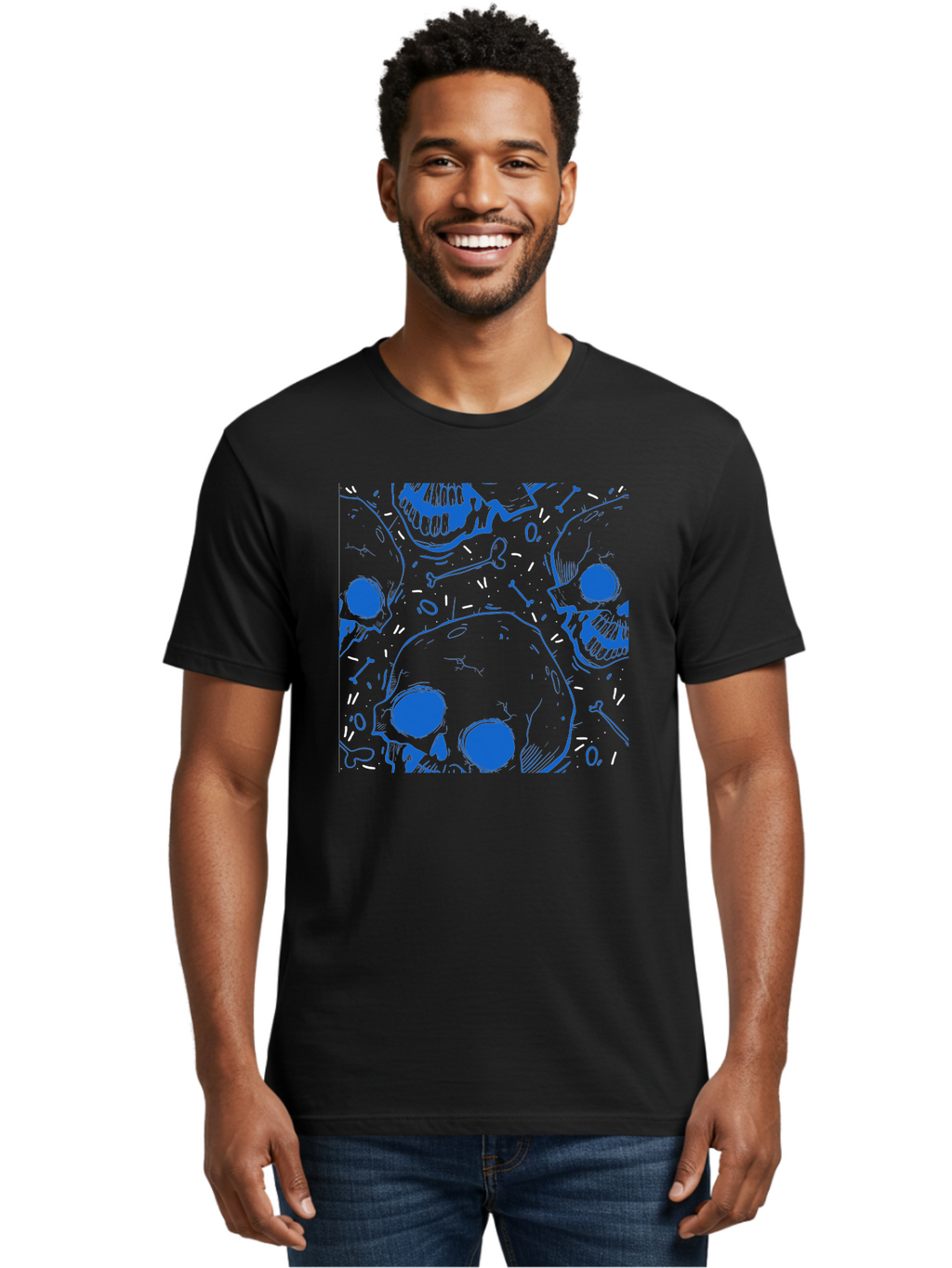 Skulls-And-Bones Men'S Graphic Tee, 100% Cotton, Comfortable Casual Summer Wear, Machine Washable, Skulls, Bones, Seamless Pattern, Gothic Design, Grunge Style, Tattoo Art, Yellow And Blue Hues, Graphic Print, Edgy Aesthetic, Skull Motif Aac421