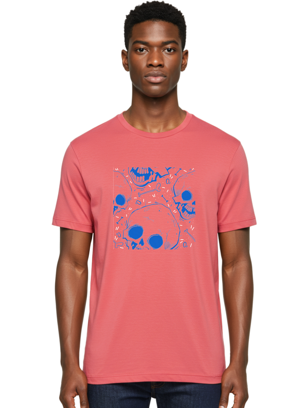 Skulls-And-Bones Men'S Graphic Tee, 100% Cotton, Comfortable Casual Summer Wear, Machine Washable, Skulls, Bones, Seamless Pattern, Gothic Design, Grunge Style, Tattoo Art, Yellow And Blue Hues, Graphic Print, Edgy Aesthetic, Skull Motif Aac421