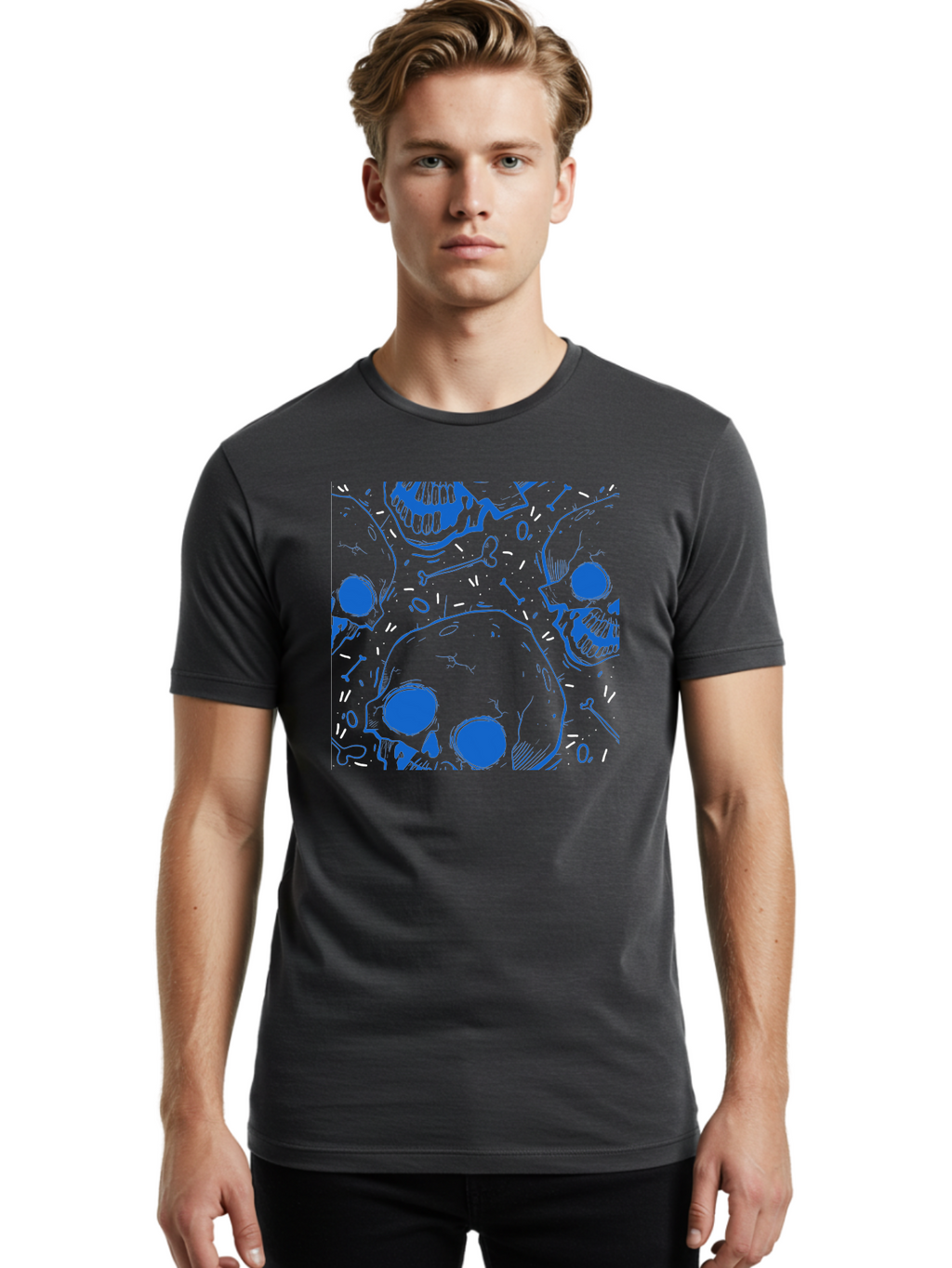 Skulls-And-Bones Men'S Graphic Tee, 100% Cotton, Comfortable Casual Summer Wear, Machine Washable, Skulls, Bones, Seamless Pattern, Gothic Design, Grunge Style, Tattoo Art, Yellow And Blue Hues, Graphic Print, Edgy Aesthetic, Skull Motif Aac421