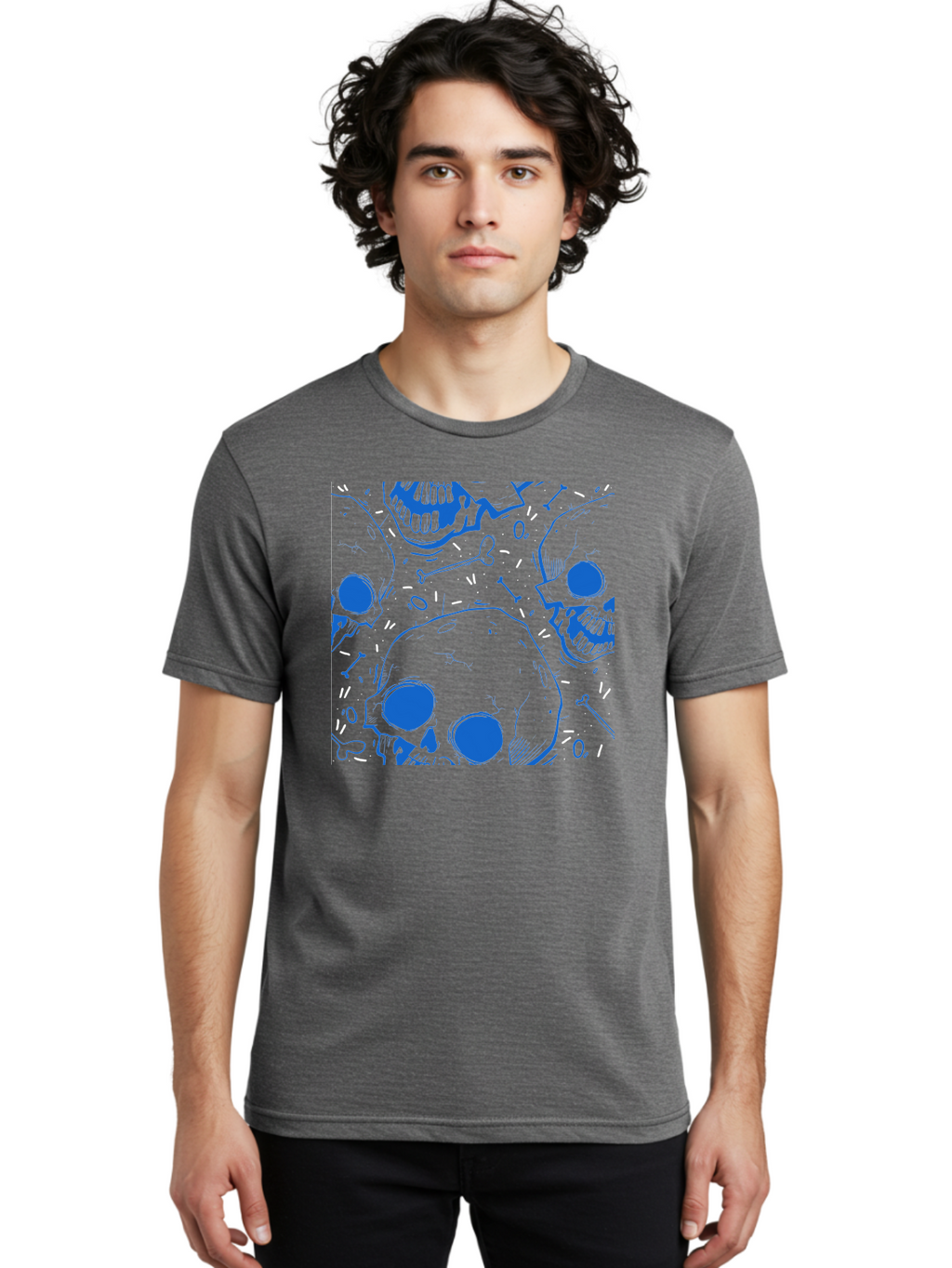Skulls-And-Bones Men'S Graphic Tee, 100% Cotton, Comfortable Casual Summer Wear, Machine Washable, Skulls, Bones, Seamless Pattern, Gothic Design, Grunge Style, Tattoo Art, Yellow And Blue Hues, Graphic Print, Edgy Aesthetic, Skull Motif Aac421