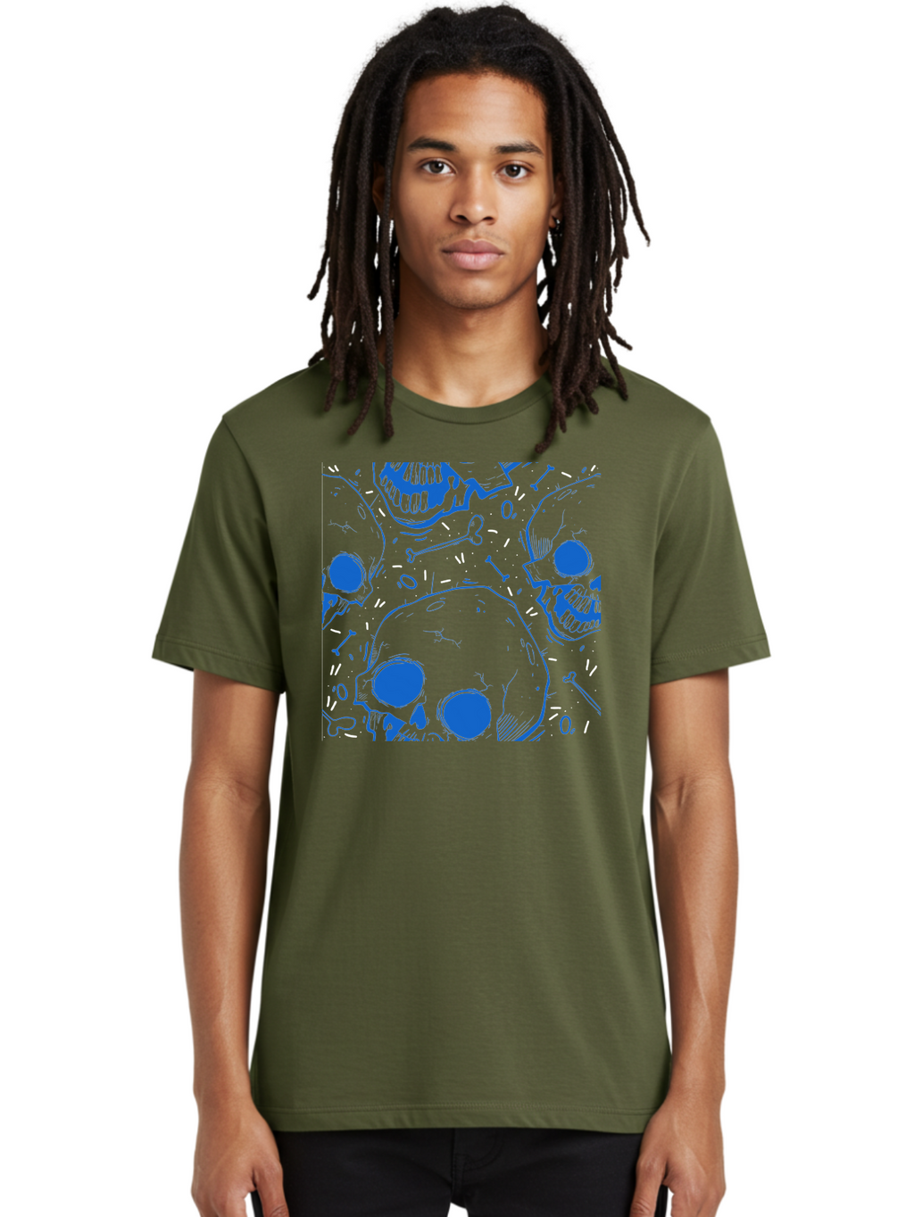Skulls-And-Bones Men'S Graphic Tee, 100% Cotton, Comfortable Casual Summer Wear, Machine Washable, Skulls, Bones, Seamless Pattern, Gothic Design, Grunge Style, Tattoo Art, Yellow And Blue Hues, Graphic Print, Edgy Aesthetic, Skull Motif Aac421
