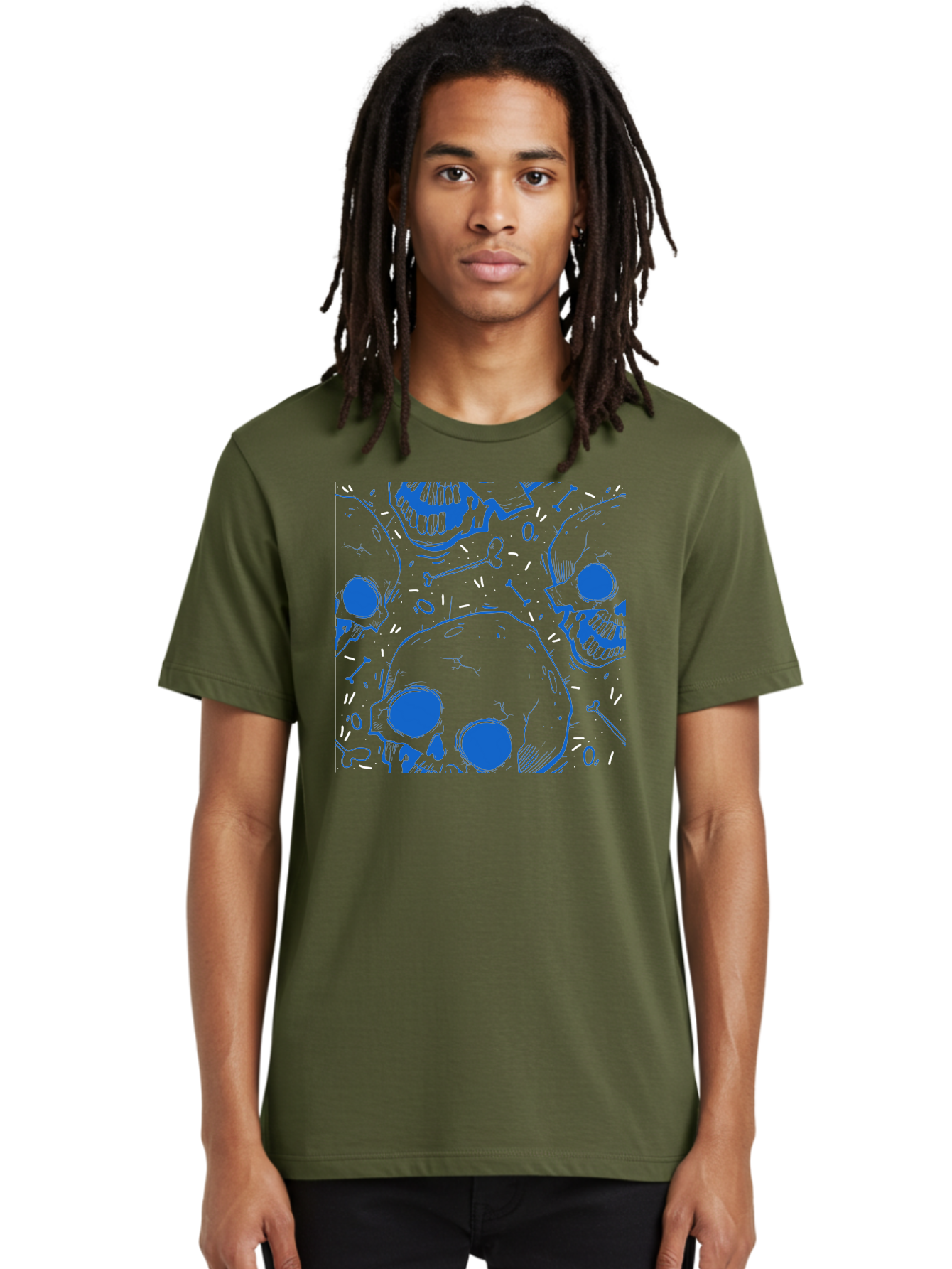 Skulls-And-Bones Men'S Graphic Tee, 100% Cotton, Comfortable Casual Summer Wear, Machine Washable, Skulls, Bones, Seamless Pattern, Gothic Design, Grunge Style, Tattoo Art, Yellow And Blue Hues, Graphic Print, Edgy Aesthetic, Skull Motif Aac421