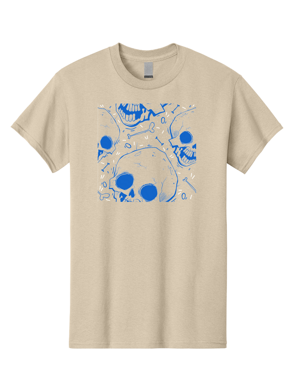 Skulls-And-Bones Men'S Graphic Tee, 100% Cotton, Comfortable Casual Summer Wear, Machine Washable, Skulls, Bones, Seamless Pattern, Gothic Design, Grunge Style, Tattoo Art, Yellow And Blue Hues, Graphic Print, Edgy Aesthetic, Skull Motif Aac421