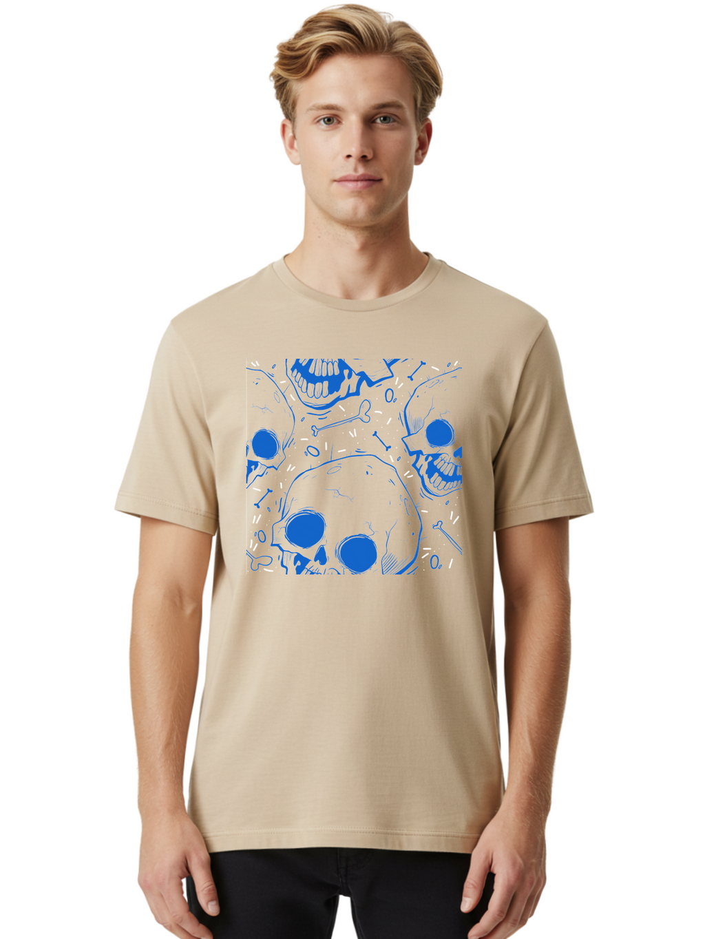 Skulls-And-Bones Men'S Graphic Tee, 100% Cotton, Comfortable Casual Summer Wear, Machine Washable, Skulls, Bones, Seamless Pattern, Gothic Design, Grunge Style, Tattoo Art, Yellow And Blue Hues, Graphic Print, Edgy Aesthetic, Skull Motif Aac421