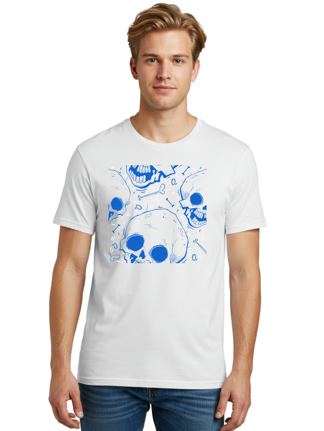 Skulls-And-Bones Men'S Graphic Tee, 100% Cotton, Comfortable Casual Summer Wear, Machine Washable, Skulls, Bones, Seamless Pattern, Gothic Design, Grunge Style, Tattoo Art, Yellow And Blue Hues, Graphic Print, Edgy Aesthetic, Skull Motif Aac421