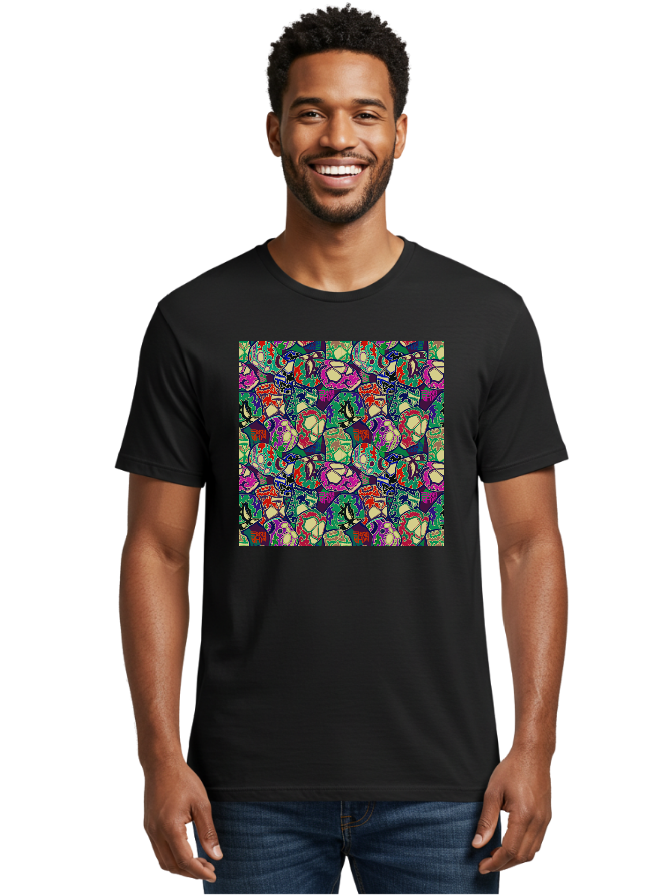 Sugar-Skulls Men'S Graphic Tee, 100% Cotton, Comfortable Casual Summer Wear, Machine Washable, Sugar Skulls, Colorful Designs, Vibrant Patterns, Dia De Los Muertos, Festive Atmosphere, Artistic Expression, Cultural Heritage, Intricate Details, Aac423