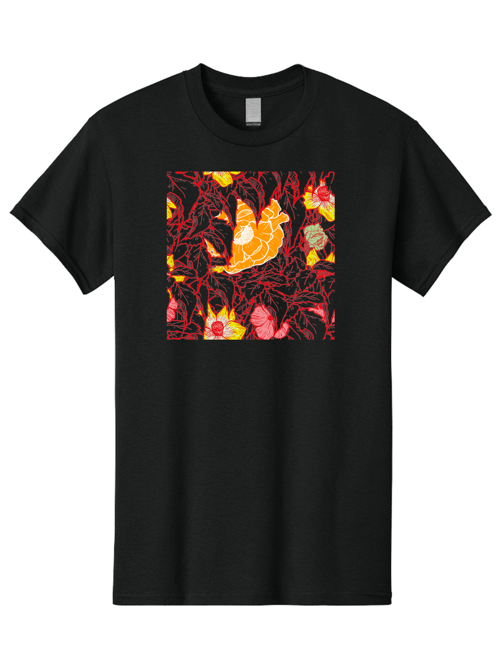 Tangerine-Floral-Pattern Men'S Graphic Tee, 100% Cotton, Comfortable Casual Summer Wear, Machine Washable, Tropical Flowers, Floral Pattern, Vibrant Colors, Orange Flowers, Yellow Flowers, Red Stems, Blue Leaves, Exotic Blooms, Aac424
