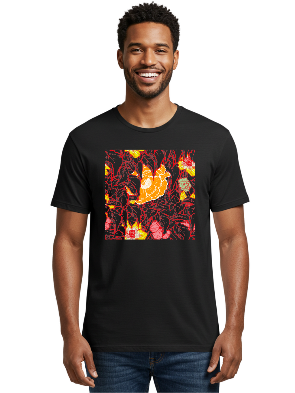 Tangerine-Floral-Pattern Men'S Graphic Tee, 100% Cotton, Comfortable Casual Summer Wear, Machine Washable, Tropical Flowers, Floral Pattern, Vibrant Colors, Orange Flowers, Yellow Flowers, Red Stems, Blue Leaves, Exotic Blooms, Aac424