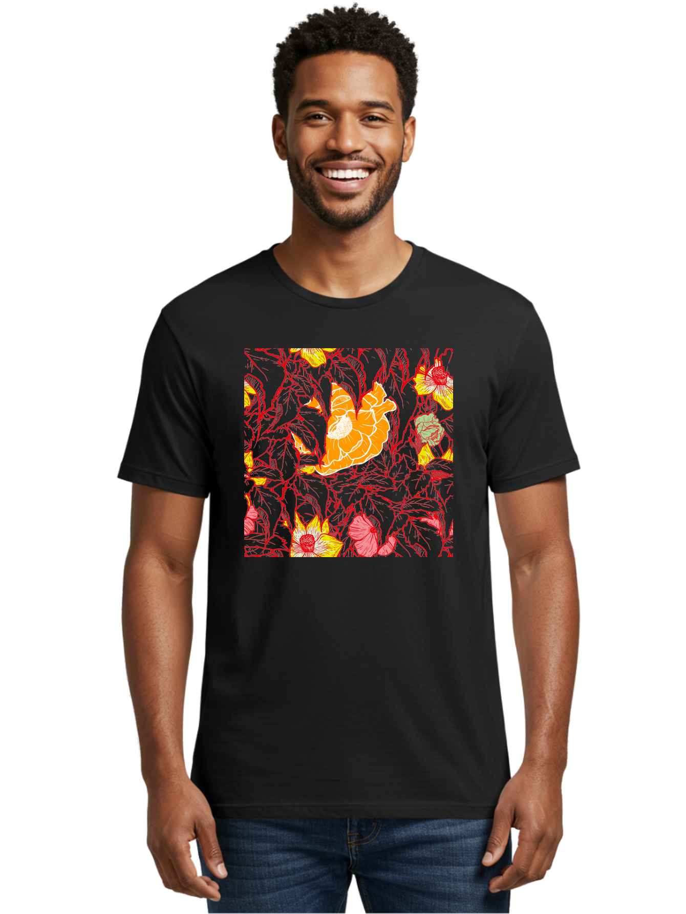 Tangerine-Floral-Pattern Men'S Graphic Tee, 100% Cotton, Comfortable Casual Summer Wear, Machine Washable, Tropical Flowers, Floral Pattern, Vibrant Colors, Orange Flowers, Yellow Flowers, Red Stems, Blue Leaves, Exotic Blooms, Aac424
