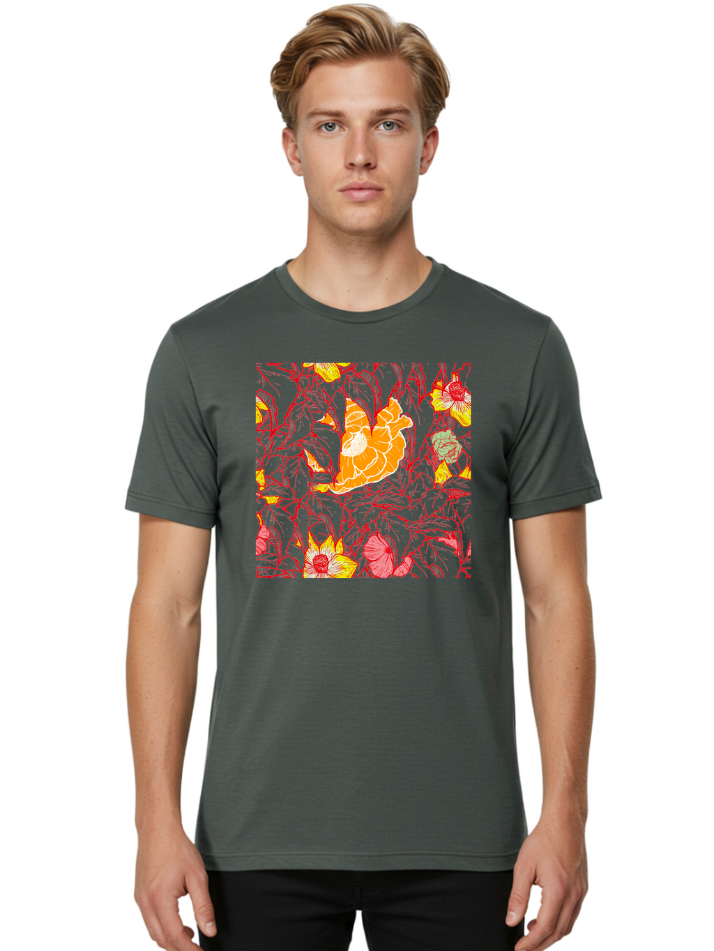 Tangerine-Floral-Pattern Men'S Graphic Tee, 100% Cotton, Comfortable Casual Summer Wear, Machine Washable, Tropical Flowers, Floral Pattern, Vibrant Colors, Orange Flowers, Yellow Flowers, Red Stems, Blue Leaves, Exotic Blooms, Aac424