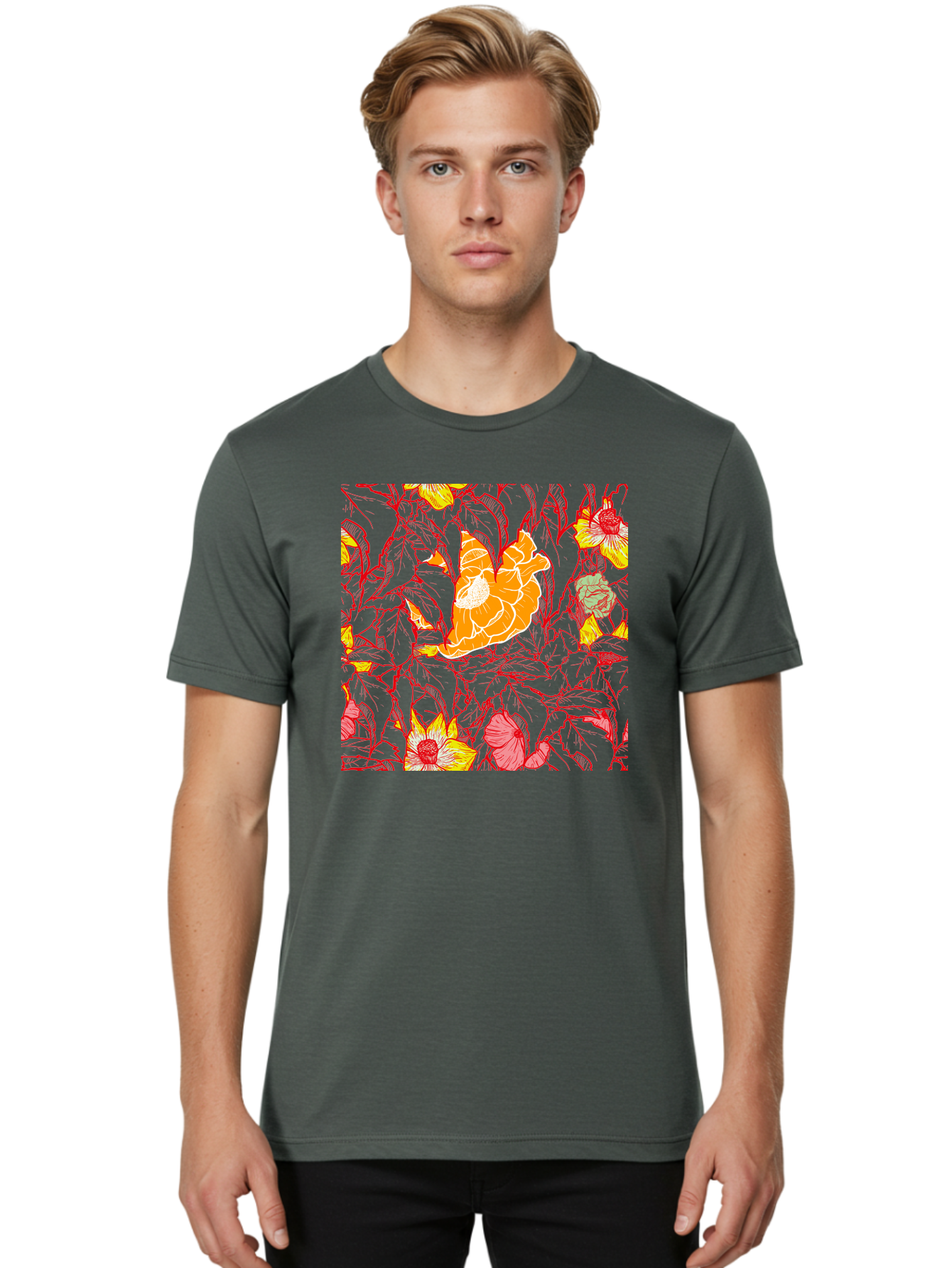 Tangerine-Floral-Pattern Men'S Graphic Tee, 100% Cotton, Comfortable Casual Summer Wear, Machine Washable, Tropical Flowers, Floral Pattern, Vibrant Colors, Orange Flowers, Yellow Flowers, Red Stems, Blue Leaves, Exotic Blooms, Aac424