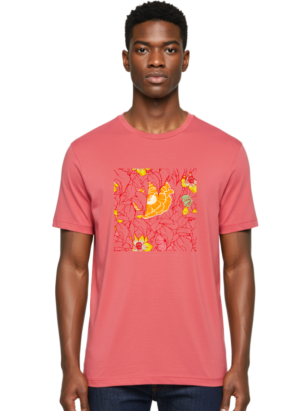 Tangerine-Floral-Pattern Men'S Graphic Tee, 100% Cotton, Comfortable Casual Summer Wear, Machine Washable, Tropical Flowers, Floral Pattern, Vibrant Colors, Orange Flowers, Yellow Flowers, Red Stems, Blue Leaves, Exotic Blooms, Aac424