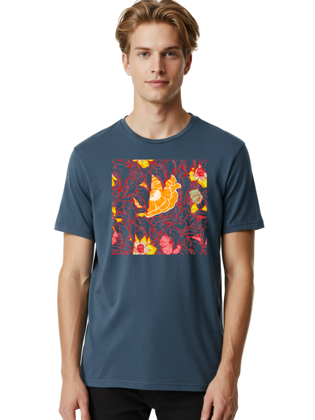 Tangerine-Floral-Pattern Men'S Graphic Tee, 100% Cotton, Comfortable Casual Summer Wear, Machine Washable, Tropical Flowers, Floral Pattern, Vibrant Colors, Orange Flowers, Yellow Flowers, Red Stems, Blue Leaves, Exotic Blooms, Aac424