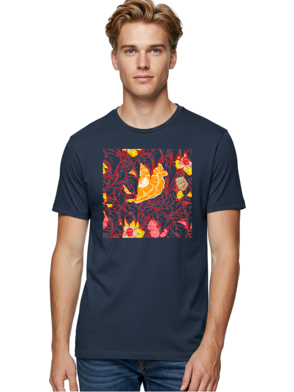 Tangerine-Floral-Pattern Men'S Graphic Tee, 100% Cotton, Comfortable Casual Summer Wear, Machine Washable, Tropical Flowers, Floral Pattern, Vibrant Colors, Orange Flowers, Yellow Flowers, Red Stems, Blue Leaves, Exotic Blooms, Aac424