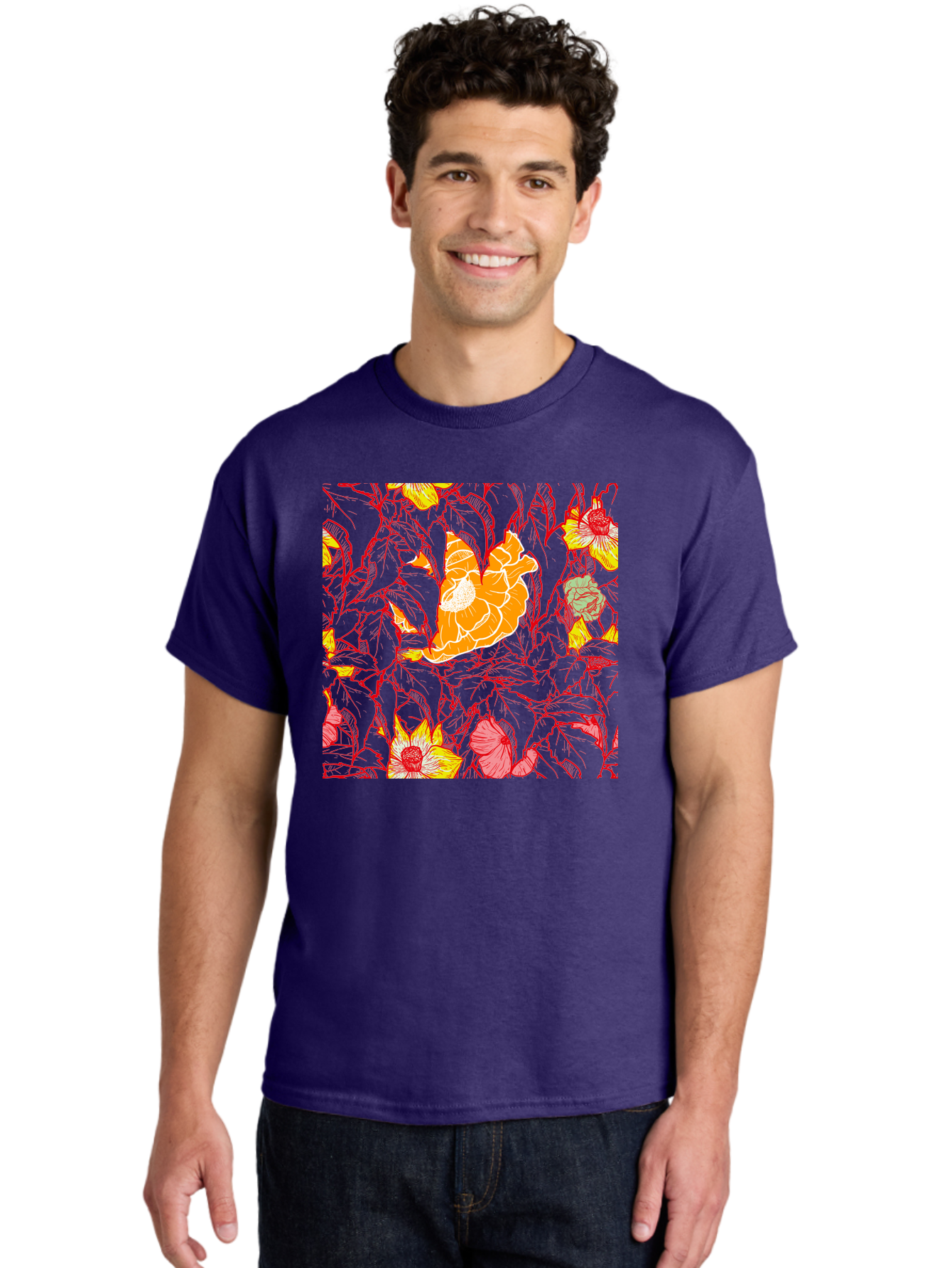 Tangerine-Floral-Pattern Men'S Graphic Tee, 100% Cotton, Comfortable Casual Summer Wear, Machine Washable, Tropical Flowers, Floral Pattern, Vibrant Colors, Orange Flowers, Yellow Flowers, Red Stems, Blue Leaves, Exotic Blooms, Aac424