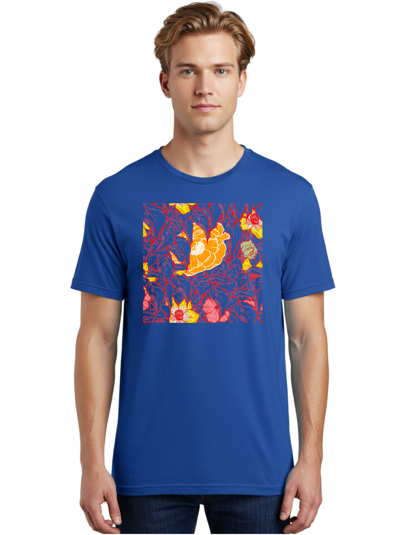 Tangerine-Floral-Pattern Men'S Graphic Tee, 100% Cotton, Comfortable Casual Summer Wear, Machine Washable, Tropical Flowers, Floral Pattern, Vibrant Colors, Orange Flowers, Yellow Flowers, Red Stems, Blue Leaves, Exotic Blooms, Aac424