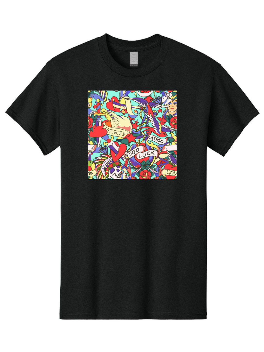 Tattoo-Pattern Men'S Graphic Tee, 100% Cotton, Comfortable Casual Summer Wear, Machine Washable, Vintage Tattoo Designs, Colorful Illustrations, Nautical Symbols, Love Hearts, Doves, Lady Heads, Roses, Skulls, Stars, Feathers, Banners, Aac425