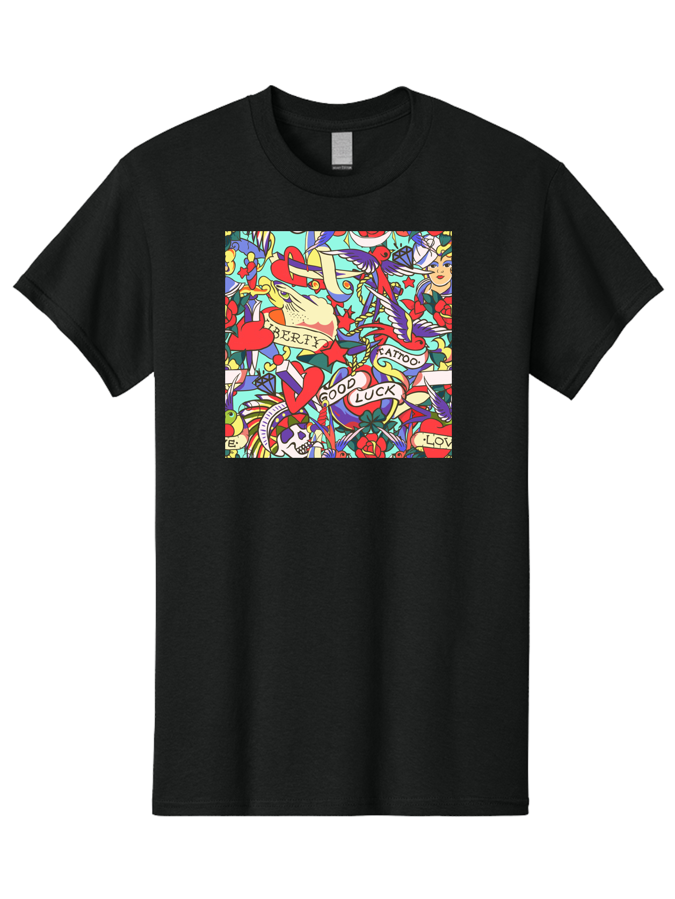Tattoo-Pattern Men'S Graphic Tee, 100% Cotton, Comfortable Casual Summer Wear, Machine Washable, Vintage Tattoo Designs, Colorful Illustrations, Nautical Symbols, Love Hearts, Doves, Lady Heads, Roses, Skulls, Stars, Feathers, Banners, Aac425