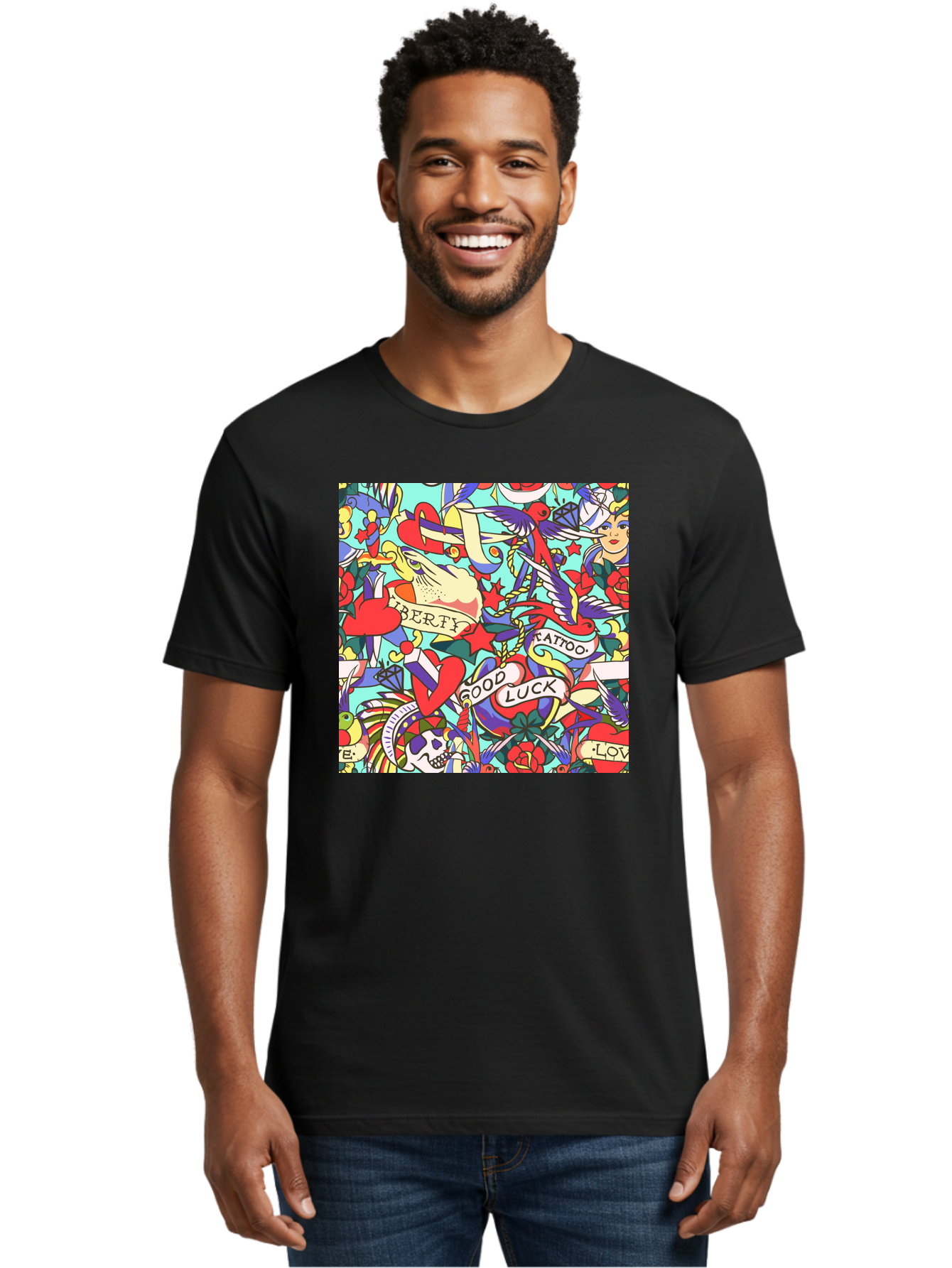 Tattoo-Pattern Men'S Graphic Tee, 100% Cotton, Comfortable Casual Summer Wear, Machine Washable, Vintage Tattoo Designs, Colorful Illustrations, Nautical Symbols, Love Hearts, Doves, Lady Heads, Roses, Skulls, Stars, Feathers, Banners, Aac425
