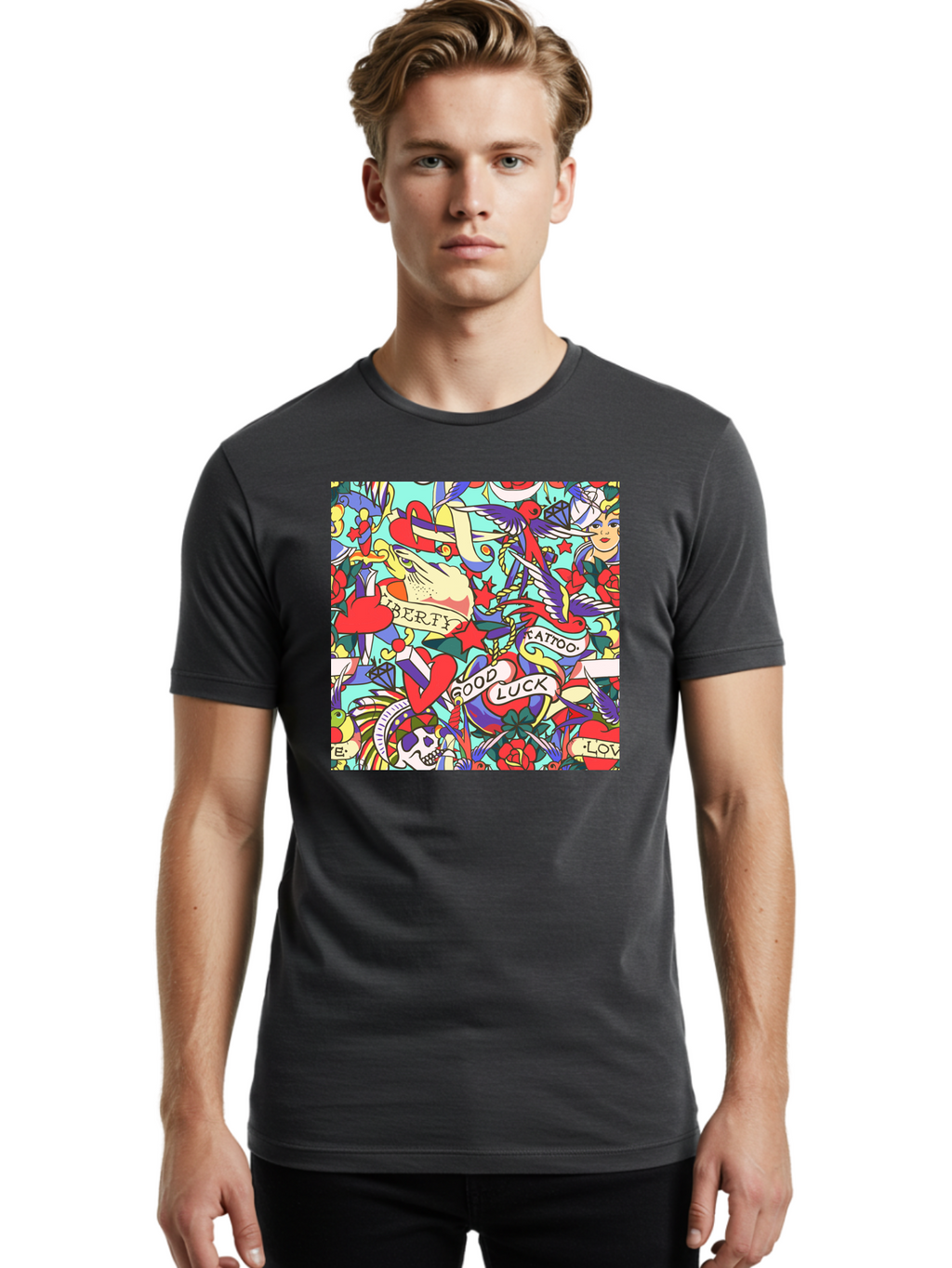Tattoo-Pattern Men'S Graphic Tee, 100% Cotton, Comfortable Casual Summer Wear, Machine Washable, Vintage Tattoo Designs, Colorful Illustrations, Nautical Symbols, Love Hearts, Doves, Lady Heads, Roses, Skulls, Stars, Feathers, Banners, Aac425