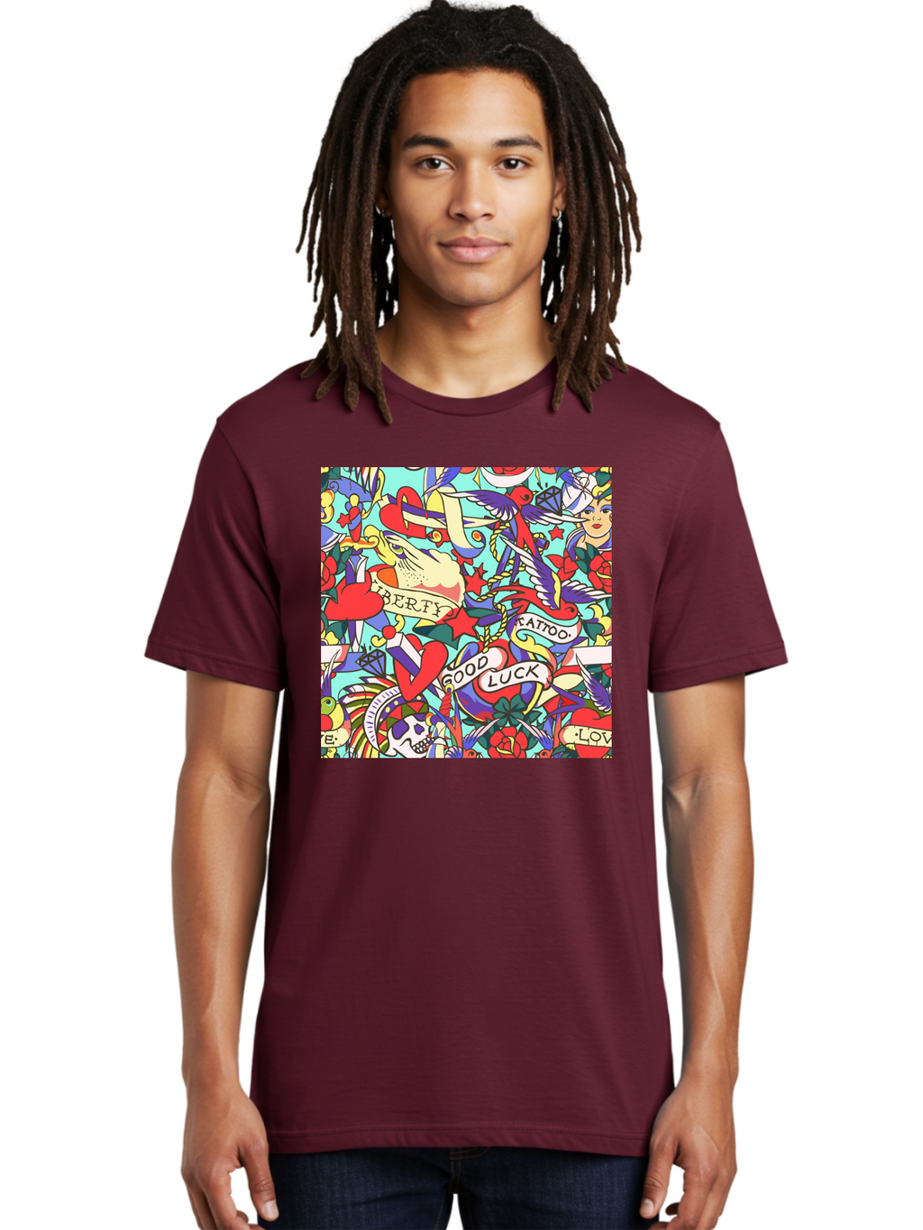 Tattoo-Pattern Men'S Graphic Tee, 100% Cotton, Comfortable Casual Summer Wear, Machine Washable, Vintage Tattoo Designs, Colorful Illustrations, Nautical Symbols, Love Hearts, Doves, Lady Heads, Roses, Skulls, Stars, Feathers, Banners, Aac425