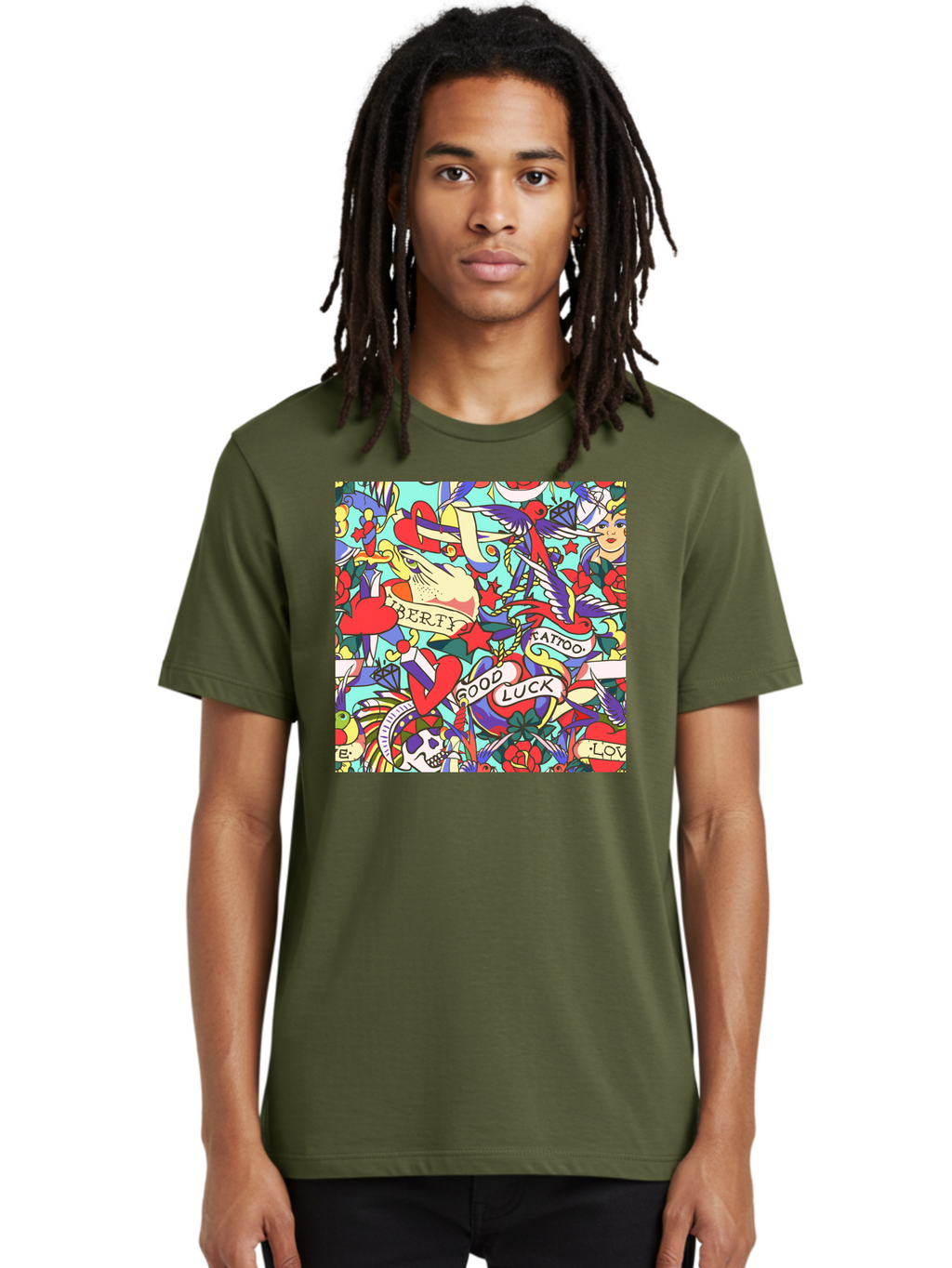 Tattoo-Pattern Men'S Graphic Tee, 100% Cotton, Comfortable Casual Summer Wear, Machine Washable, Vintage Tattoo Designs, Colorful Illustrations, Nautical Symbols, Love Hearts, Doves, Lady Heads, Roses, Skulls, Stars, Feathers, Banners, Aac425