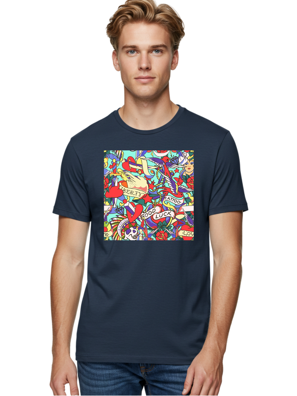 Tattoo-Pattern Men'S Graphic Tee, 100% Cotton, Comfortable Casual Summer Wear, Machine Washable, Vintage Tattoo Designs, Colorful Illustrations, Nautical Symbols, Love Hearts, Doves, Lady Heads, Roses, Skulls, Stars, Feathers, Banners, Aac425