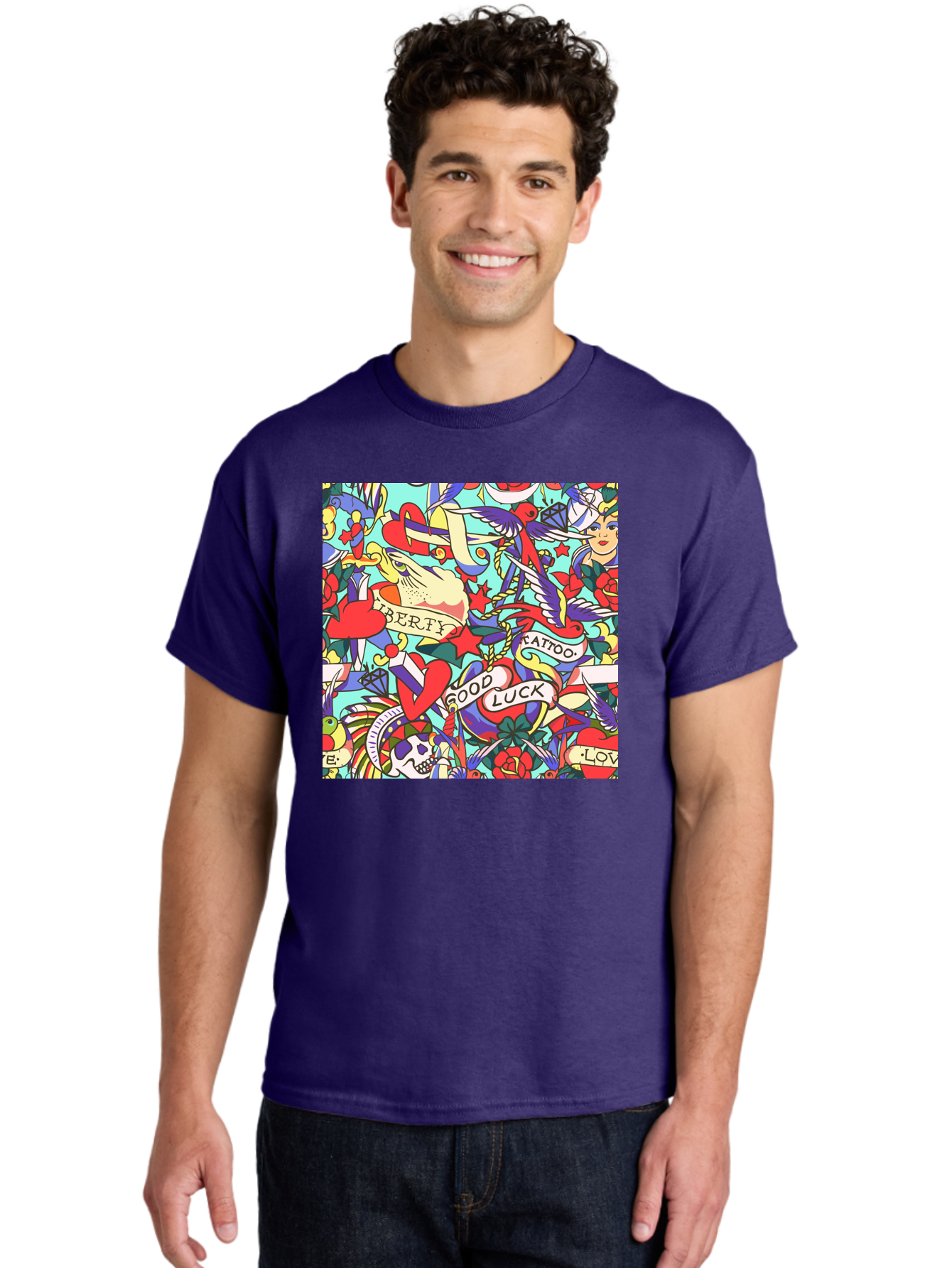 Tattoo-Pattern Men'S Graphic Tee, 100% Cotton, Comfortable Casual Summer Wear, Machine Washable, Vintage Tattoo Designs, Colorful Illustrations, Nautical Symbols, Love Hearts, Doves, Lady Heads, Roses, Skulls, Stars, Feathers, Banners, Aac425