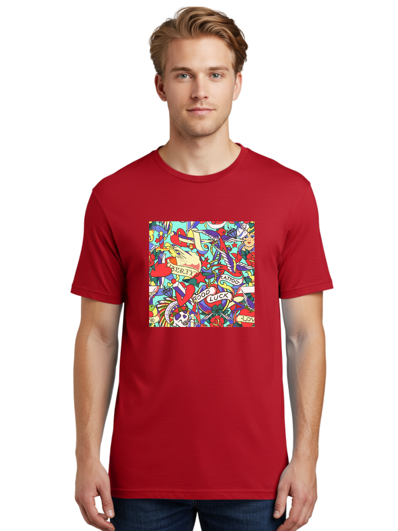Tattoo-Pattern Men'S Graphic Tee, 100% Cotton, Comfortable Casual Summer Wear, Machine Washable, Vintage Tattoo Designs, Colorful Illustrations, Nautical Symbols, Love Hearts, Doves, Lady Heads, Roses, Skulls, Stars, Feathers, Banners, Aac425