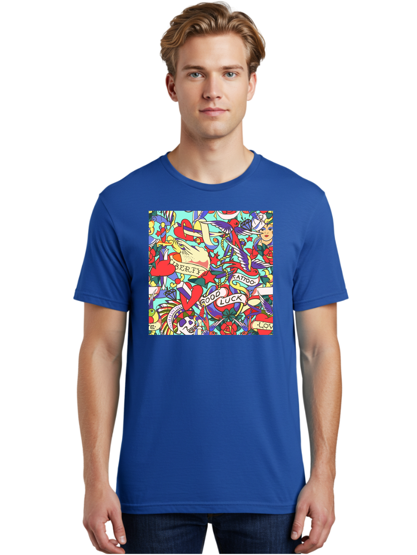 Tattoo-Pattern Men'S Graphic Tee, 100% Cotton, Comfortable Casual Summer Wear, Machine Washable, Vintage Tattoo Designs, Colorful Illustrations, Nautical Symbols, Love Hearts, Doves, Lady Heads, Roses, Skulls, Stars, Feathers, Banners, Aac425