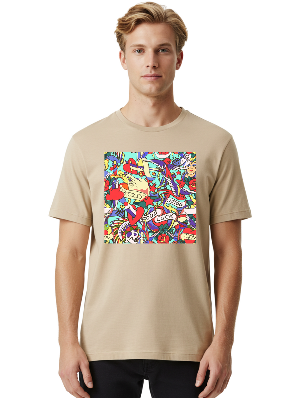 Tattoo-Pattern Men'S Graphic Tee, 100% Cotton, Comfortable Casual Summer Wear, Machine Washable, Vintage Tattoo Designs, Colorful Illustrations, Nautical Symbols, Love Hearts, Doves, Lady Heads, Roses, Skulls, Stars, Feathers, Banners, Aac425
