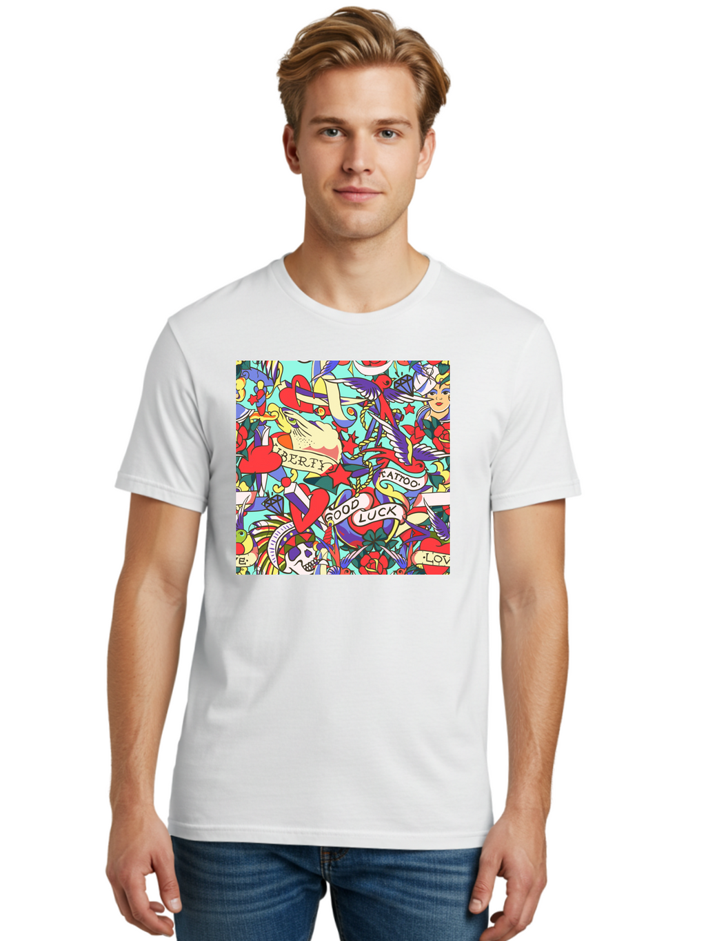 Tattoo-Pattern Men'S Graphic Tee, 100% Cotton, Comfortable Casual Summer Wear, Machine Washable, Vintage Tattoo Designs, Colorful Illustrations, Nautical Symbols, Love Hearts, Doves, Lady Heads, Roses, Skulls, Stars, Feathers, Banners, Aac425