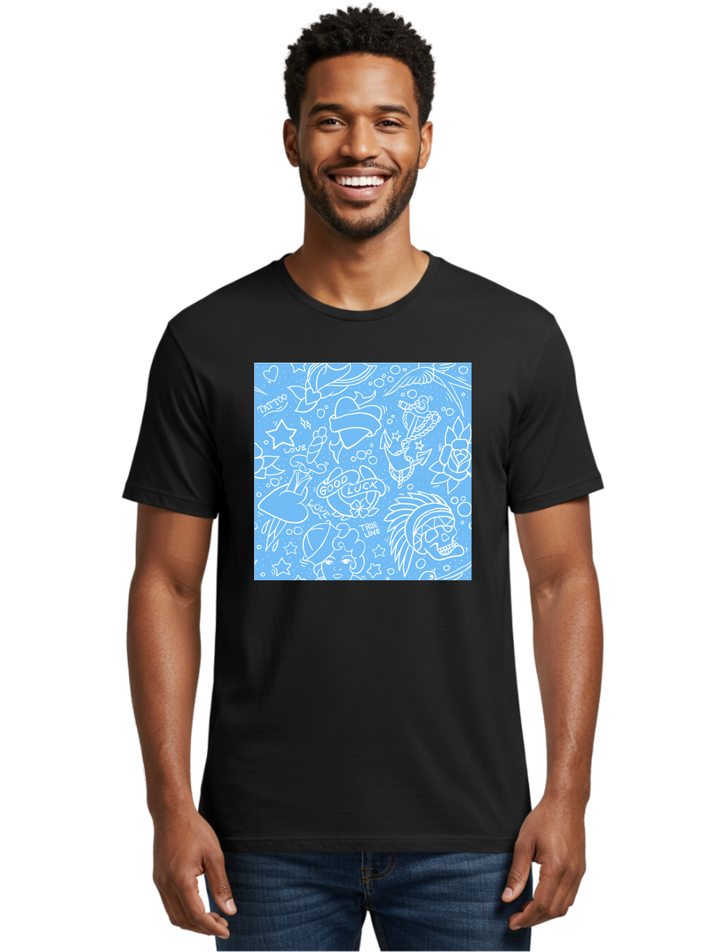 Tattoo Men'S Graphic Tee, 100% Cotton, Comfortable Casual Summer Wear, Machine Washable, Tattoo Designs, Skull Illustrations, Floral Motifs, Star Patterns, Banner Graphics, Ribbon Elements, Whimsical Doodles, Symbolic Imagery, Body Art Aac426