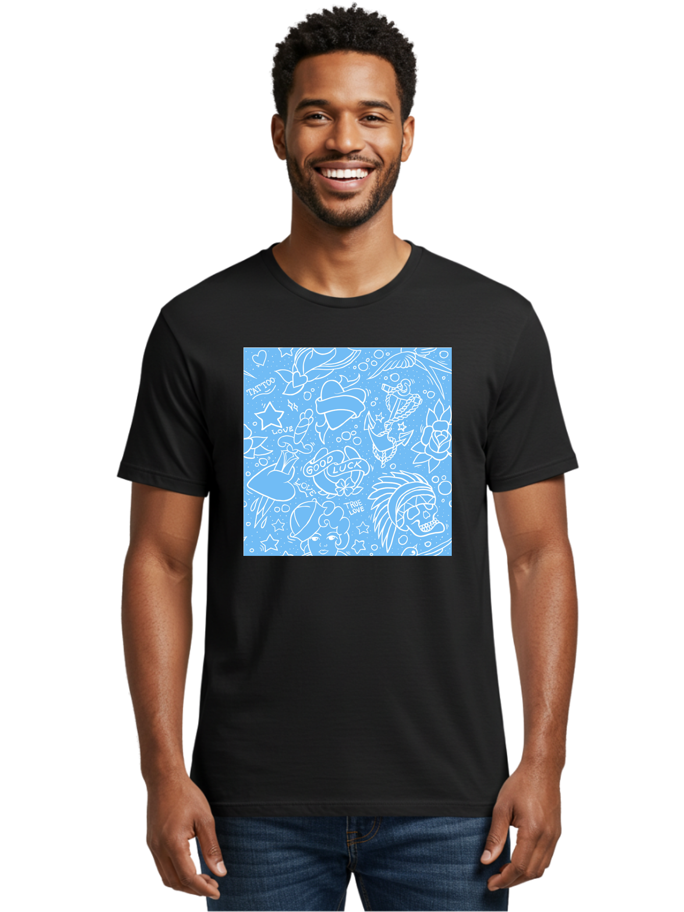 Tattoo Men'S Graphic Tee, 100% Cotton, Comfortable Casual Summer Wear, Machine Washable, Tattoo Designs, Skull Illustrations, Floral Motifs, Star Patterns, Banner Graphics, Ribbon Elements, Whimsical Doodles, Symbolic Imagery, Body Art Aac426