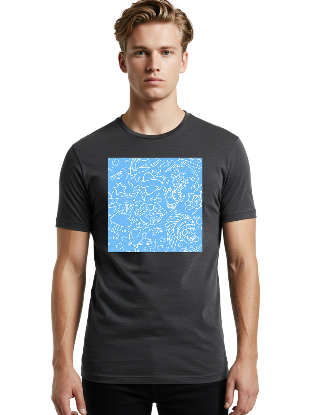 Tattoo Men'S Graphic Tee, 100% Cotton, Comfortable Casual Summer Wear, Machine Washable, Tattoo Designs, Skull Illustrations, Floral Motifs, Star Patterns, Banner Graphics, Ribbon Elements, Whimsical Doodles, Symbolic Imagery, Body Art Aac426