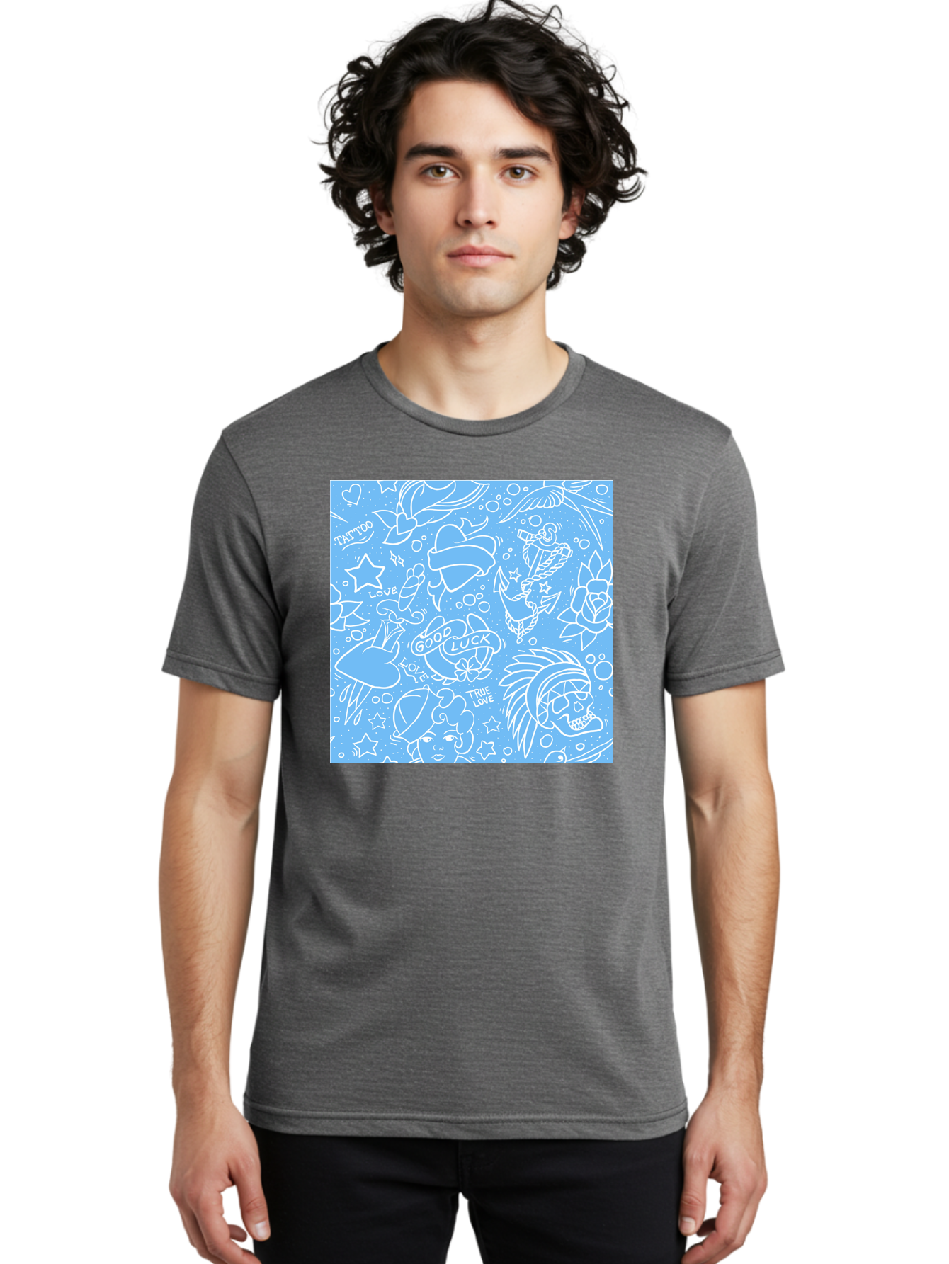 Tattoo Men'S Graphic Tee, 100% Cotton, Comfortable Casual Summer Wear, Machine Washable, Tattoo Designs, Skull Illustrations, Floral Motifs, Star Patterns, Banner Graphics, Ribbon Elements, Whimsical Doodles, Symbolic Imagery, Body Art Aac426