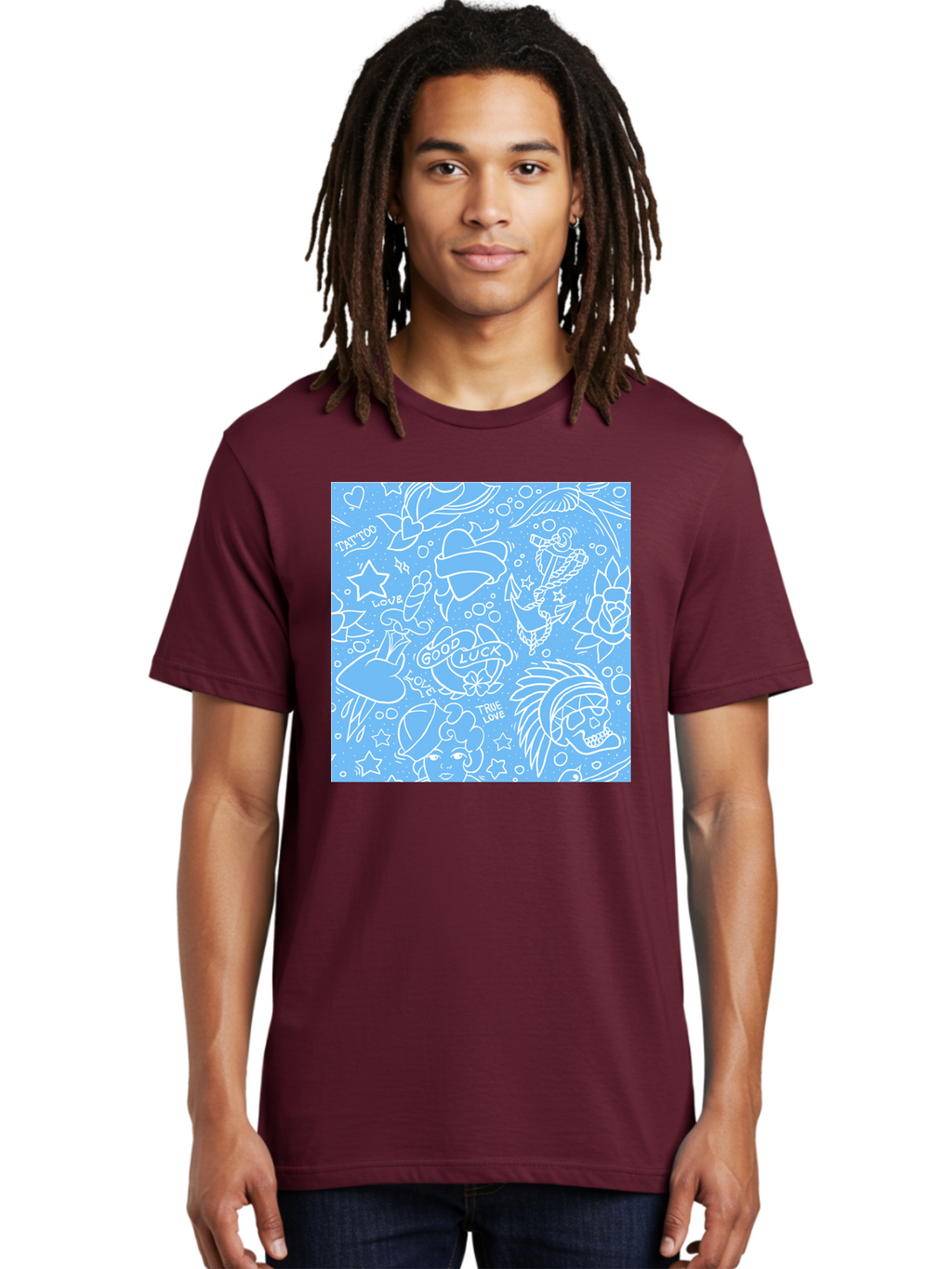 Tattoo Men'S Graphic Tee, 100% Cotton, Comfortable Casual Summer Wear, Machine Washable, Tattoo Designs, Skull Illustrations, Floral Motifs, Star Patterns, Banner Graphics, Ribbon Elements, Whimsical Doodles, Symbolic Imagery, Body Art Aac426