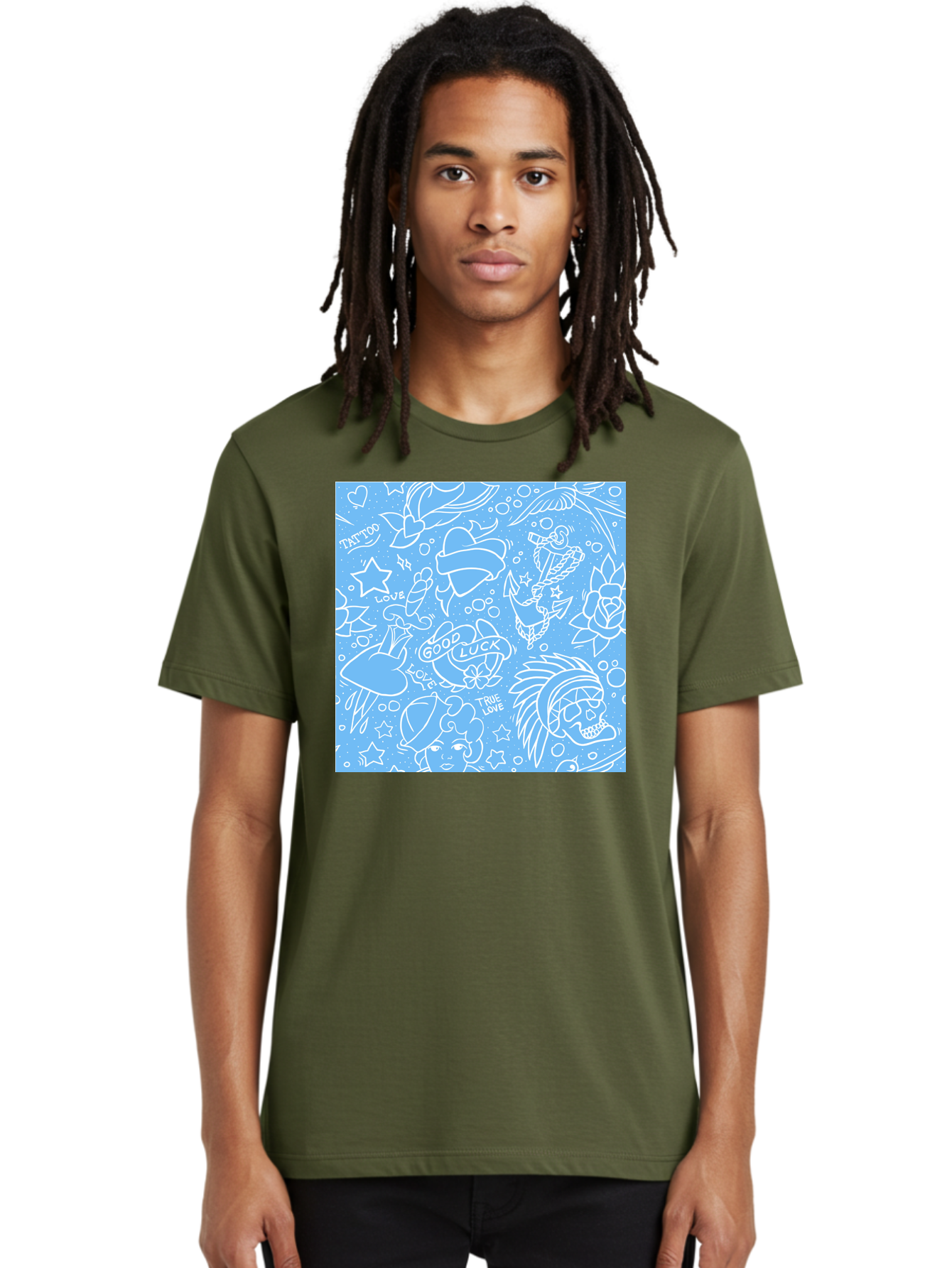 Tattoo Men'S Graphic Tee, 100% Cotton, Comfortable Casual Summer Wear, Machine Washable, Tattoo Designs, Skull Illustrations, Floral Motifs, Star Patterns, Banner Graphics, Ribbon Elements, Whimsical Doodles, Symbolic Imagery, Body Art Aac426