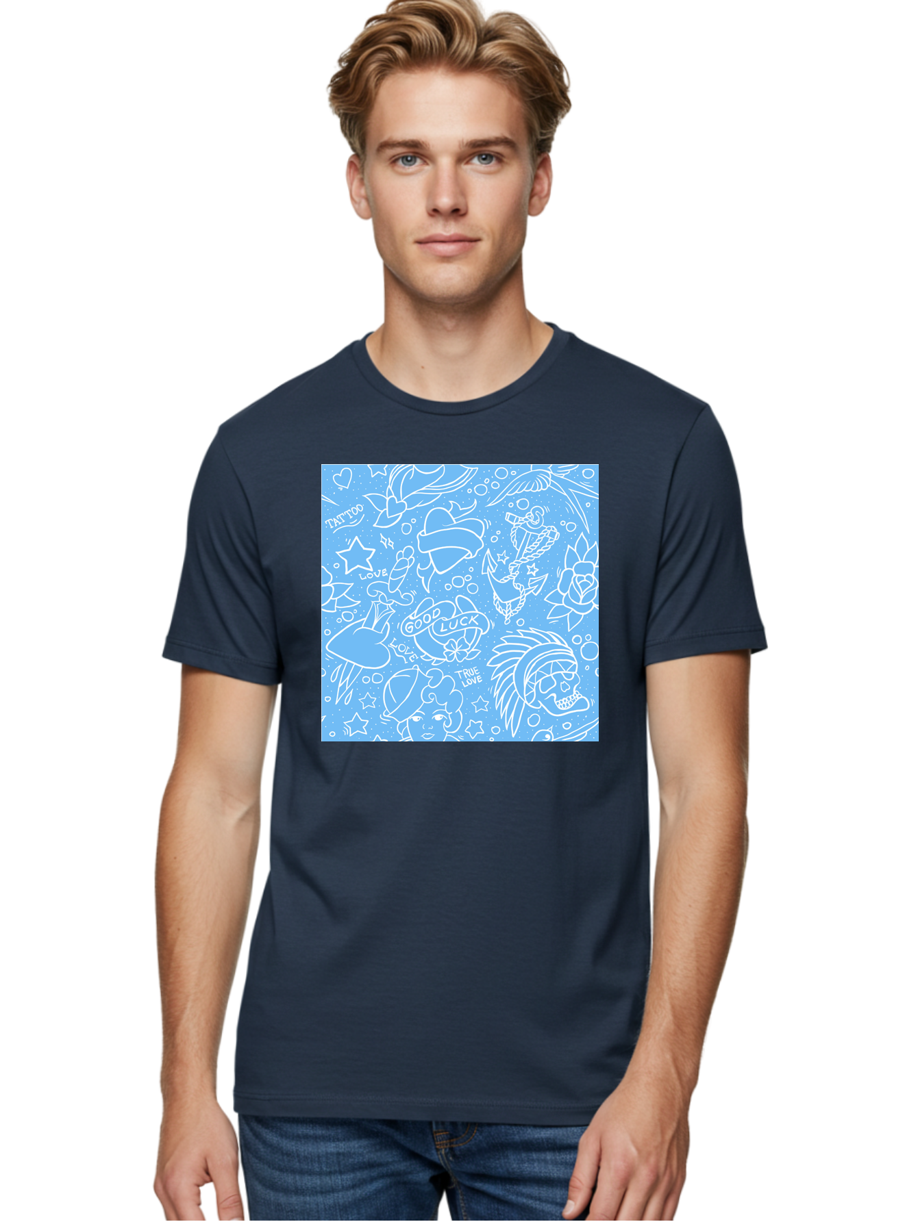 Tattoo Men'S Graphic Tee, 100% Cotton, Comfortable Casual Summer Wear, Machine Washable, Tattoo Designs, Skull Illustrations, Floral Motifs, Star Patterns, Banner Graphics, Ribbon Elements, Whimsical Doodles, Symbolic Imagery, Body Art Aac426