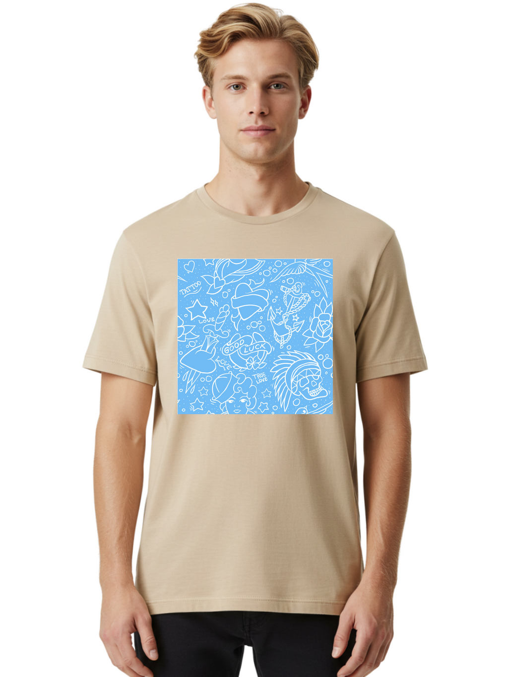 Tattoo Men'S Graphic Tee, 100% Cotton, Comfortable Casual Summer Wear, Machine Washable, Tattoo Designs, Skull Illustrations, Floral Motifs, Star Patterns, Banner Graphics, Ribbon Elements, Whimsical Doodles, Symbolic Imagery, Body Art Aac426