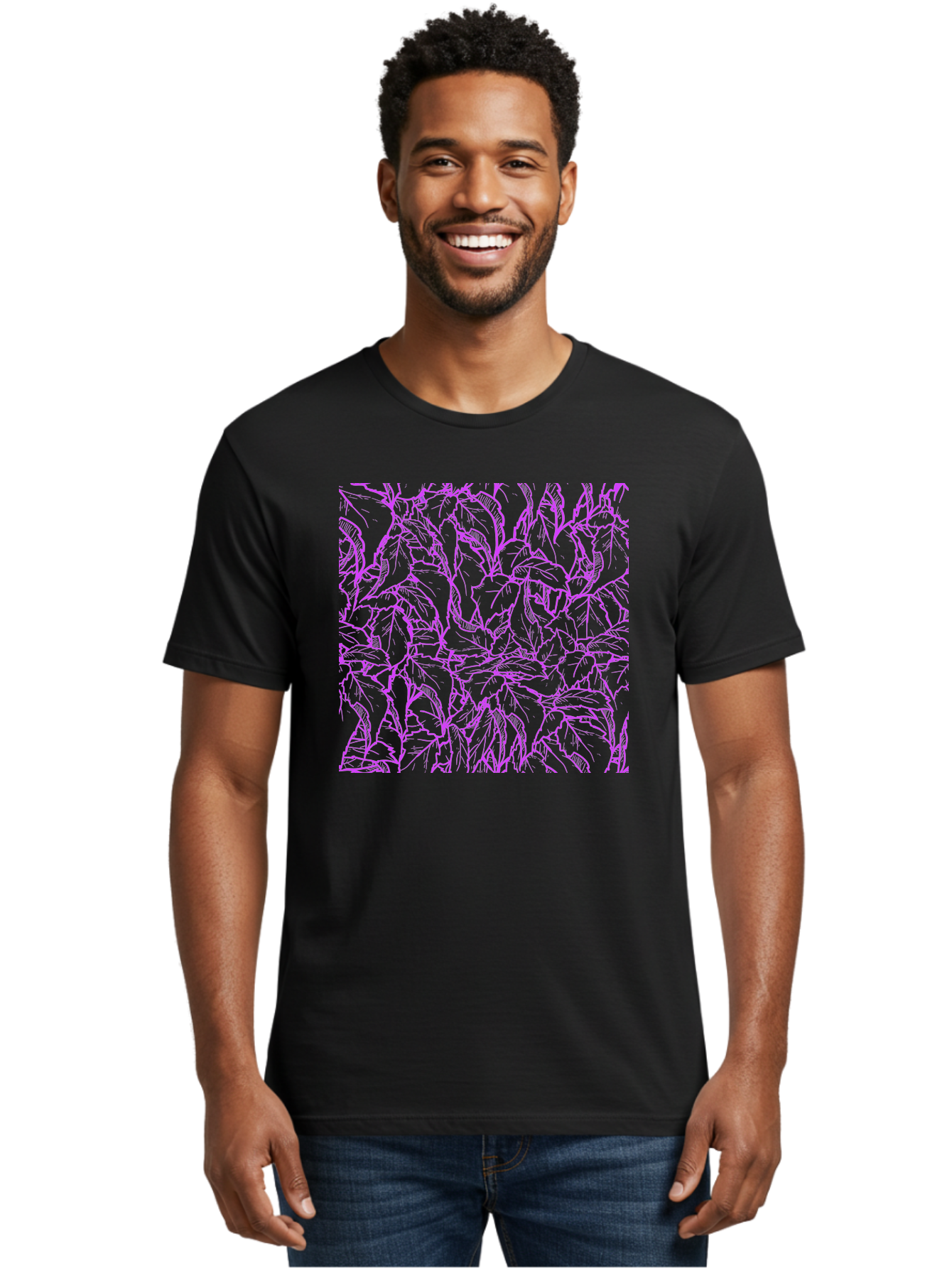Tropical-Foliage Men'S Graphic Tee, 100% Cotton, Comfortable Casual Summer Wear, Machine Washable, Tropical Leaves, Leaf Pattern, Neon Pink, Cyan Background, Abstract Design, Botanical Art, Vibrant Colors, Summer Feel, Exotic Plants, Aac427