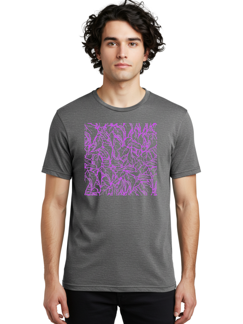 Tropical-Foliage Men'S Graphic Tee, 100% Cotton, Comfortable Casual Summer Wear, Machine Washable, Tropical Leaves, Leaf Pattern, Neon Pink, Cyan Background, Abstract Design, Botanical Art, Vibrant Colors, Summer Feel, Exotic Plants, Aac427