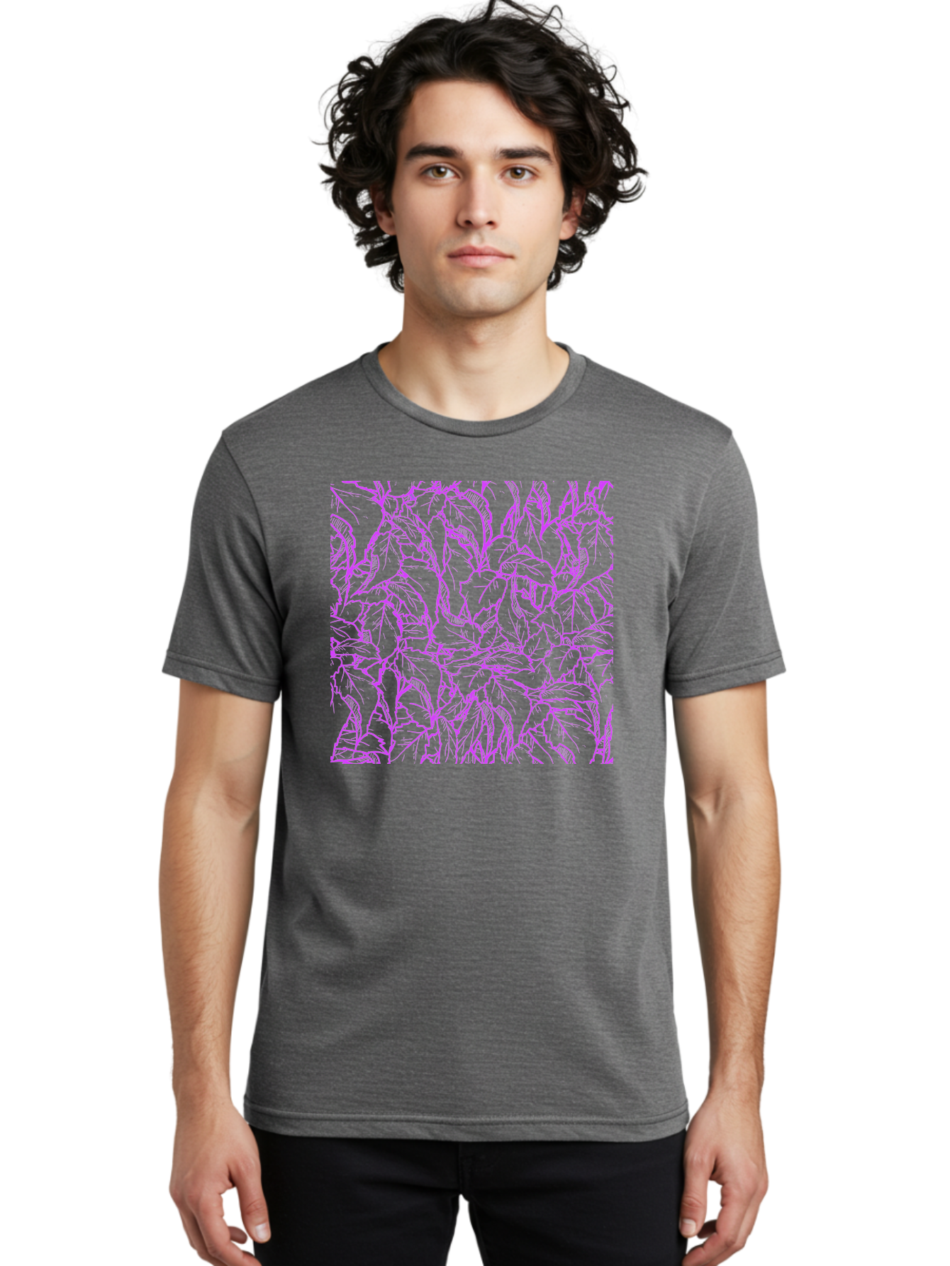 Tropical-Foliage Men'S Graphic Tee, 100% Cotton, Comfortable Casual Summer Wear, Machine Washable, Tropical Leaves, Leaf Pattern, Neon Pink, Cyan Background, Abstract Design, Botanical Art, Vibrant Colors, Summer Feel, Exotic Plants, Aac427